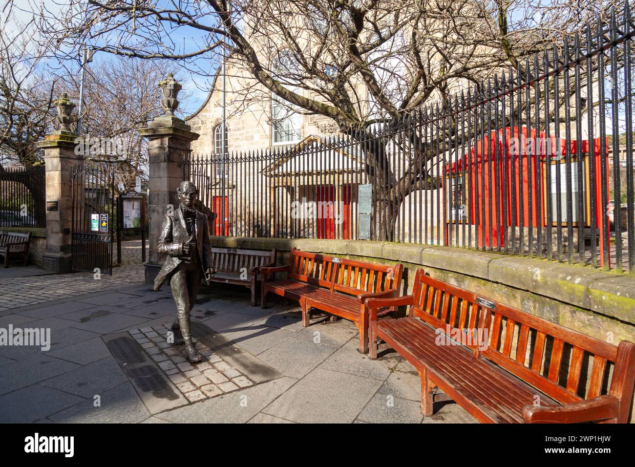 Statue of Poet Robert Fergusson Statue in front of the Canongate Church on Edinburgh's Royal Mile Stock Photo