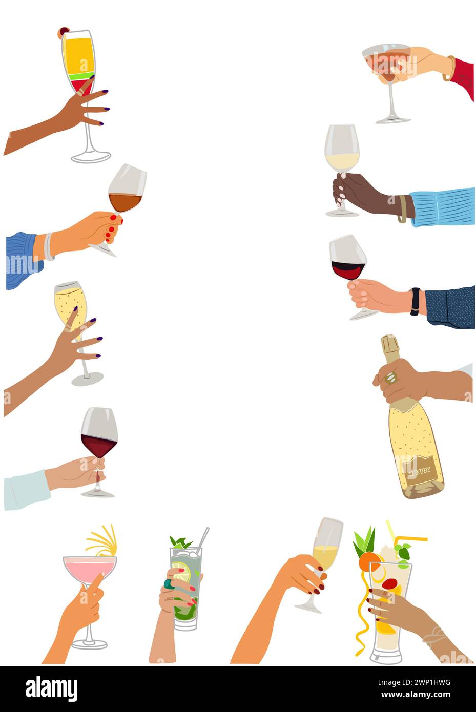 Festive frame with different hands holding drinks Stock Vector Image ...