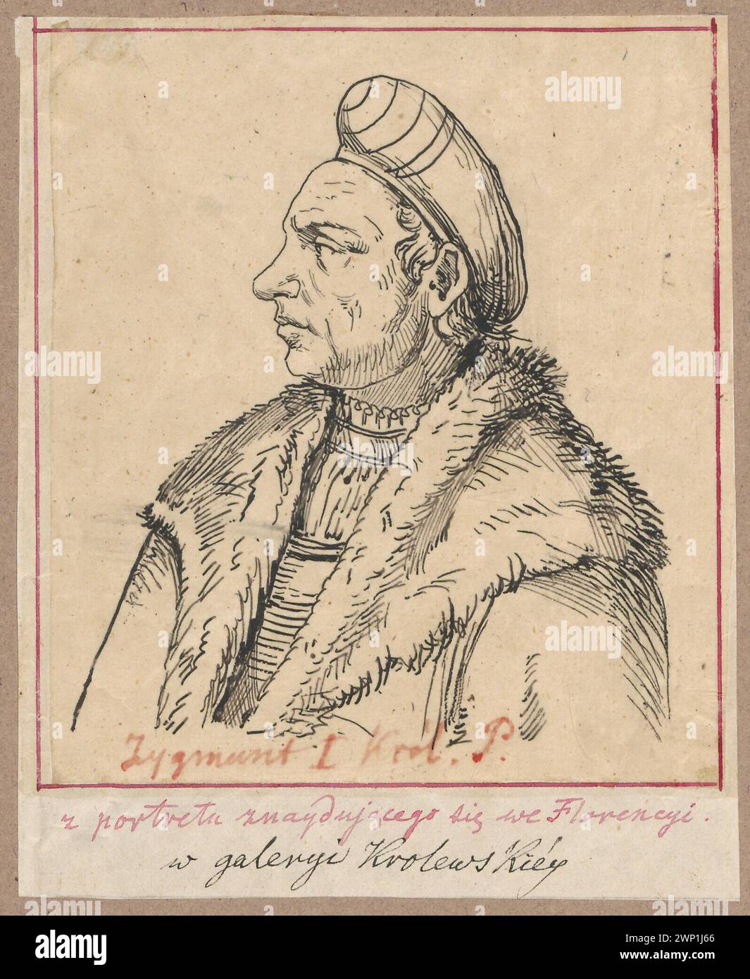 Portrait from the profile of King Zygmunt I Old, according to the portrait of in Galeria Królewska in Florence; Lesser, Aleksander (1814-1884); 1830-1884 (1830-00-00-1884-00-00);Florence (Italy), Galeria Królewska (Florence - Italy), Lesser, Aleksander (1814-1884), Lesser, Aleksander (1814-1884) - collections, Lesser, Lesser, Wiktor Stanisław Zygmunt (Baron - 1853-1935), Lesser, Wiktor Stanisław Zygmunt (Baron - 1853-1935) - collection, 16th century, Zygmunt Stary (Polish King - 1467-1548), Zygmunt Stary (King of Poland - 1467-1548) - iconography, gift (provenance), kopies, kings, personalitie Stock Photo