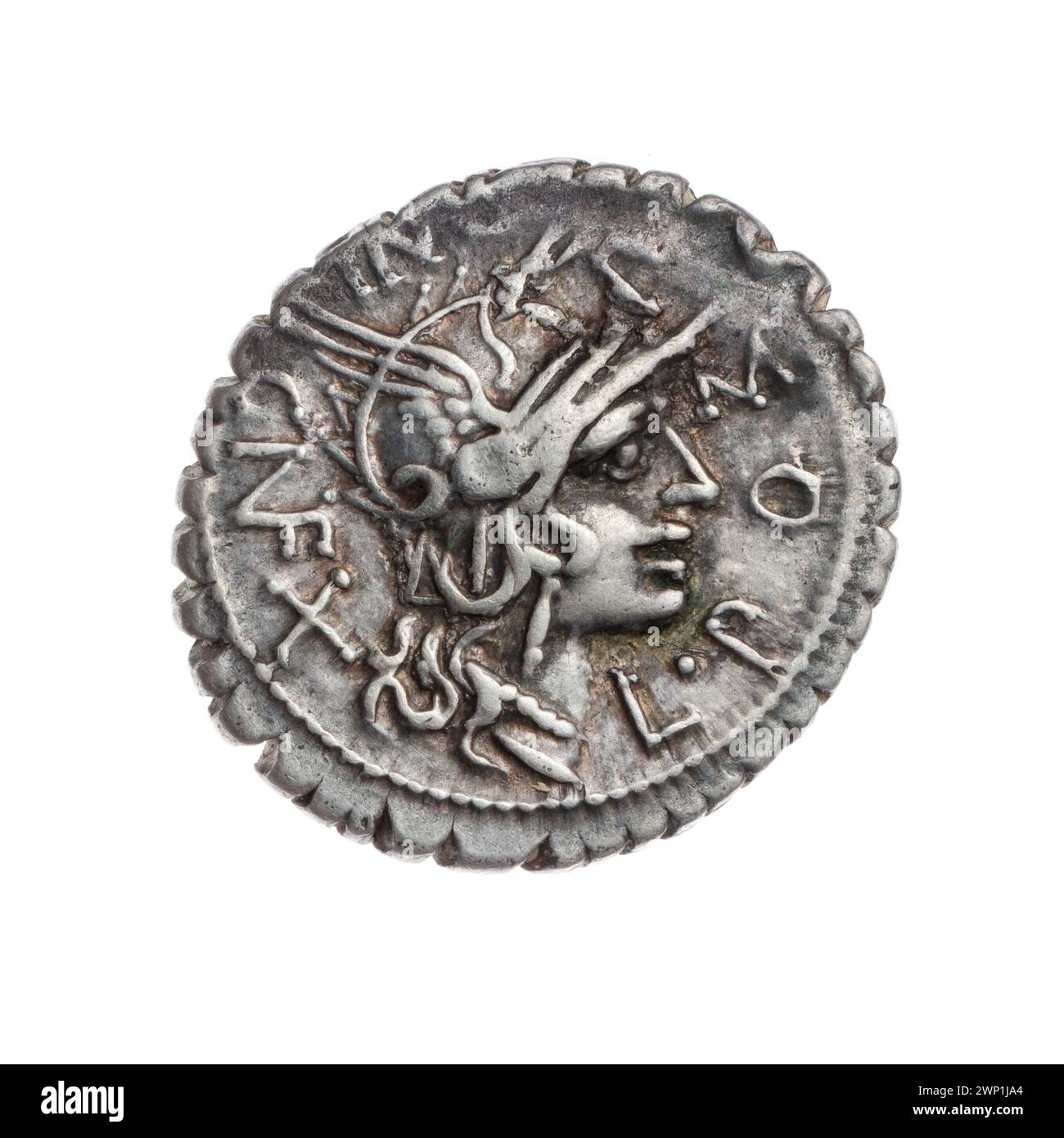 Denar of Pomponius, L. (Fl. 118 A.C.), Licinius Crassus, L. (Fl. 118 A.C.), Domitius Ahenobarbus, cn. (fl. 118-96 A.C.); 118 BC (-118-00-00--118-00-00);Roma (mitol.), Crynyx, Roma's head in a helmet (iconogr.), Attic helmet, helmets, shields, warrior on the big (iconogr.), Spears, Purchase (provenance) Stock Photo