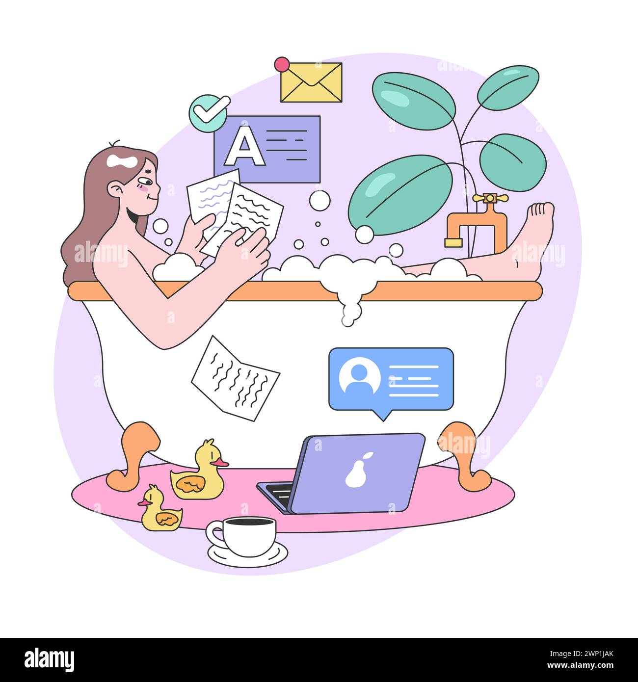 Relaxing work-from-home concept. Woman enjoys a bath while reading papers, laptop on standby, surrounded by cute rubber ducks. Modern multitasking in comfort. Flat vector illustration Stock Vector