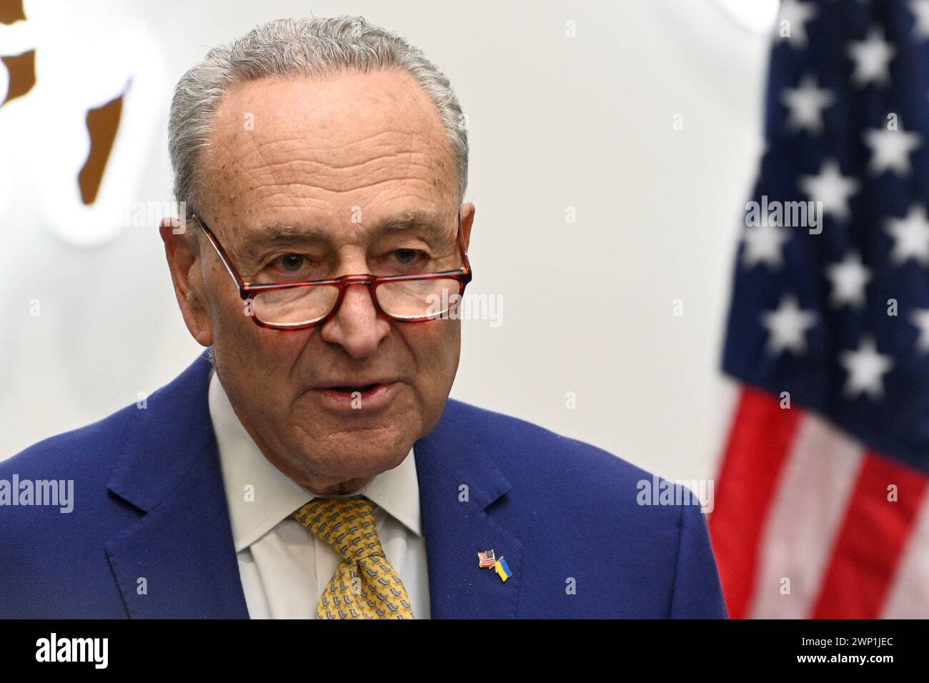 Lviv, Ukraine - February 23, 2024: US Senate Majority Leader Chuck Schumer during a press conference in Lviv, Ukraine. Stock Photo