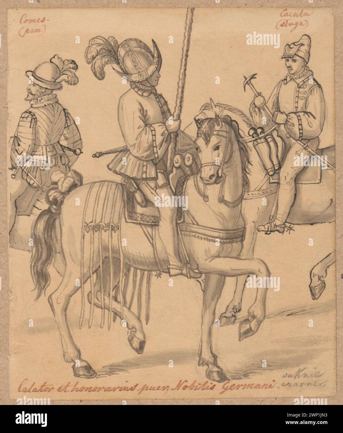 Three young people on horses in the armor, according to the engraving by Abraham de Bruyn from 'Diversarum Gentium Gentium Armatura Equestris. Ubi Fere Europae, Asiae Atque Africae Equitandi Ratio Propria Expressa Est', boards No. 4, 7 and 8; Lesser, Aleksander (1814-1884), Bruyn, Abraham de (1540-1587); 1830-1884 (1830-00-00-1884-00-00);Bruyn, Abraham de (Ca 1540-1587), Bruyn, Abraham de (Ca 1540-1587)-reproduction, Kazimierz (Kraków-district), Lesser, Aleksander (1814-1884), Lesser, Emiljan Stanisław (Baron-1847-1912 ), Lesser, Emiljan Stanisław (Baron - 1847-1912) - collection, Lesser, Wikt Stock Photo