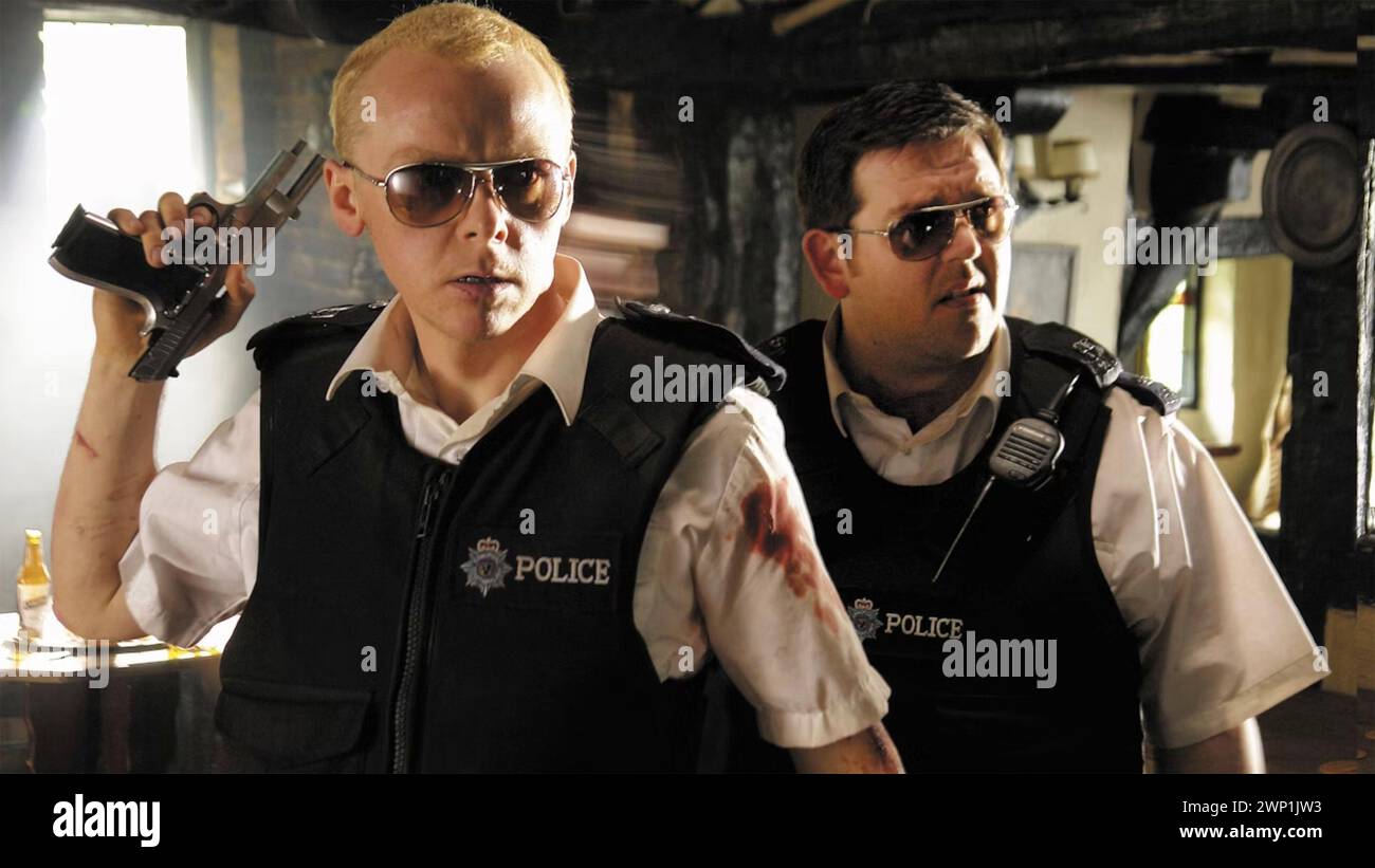 HOT FUZZ 2007 Universal Pictures film with Simon Pegg  at left as PC Nicholas Angel and  Nick Frost as PC Danny Butterman Stock Photo