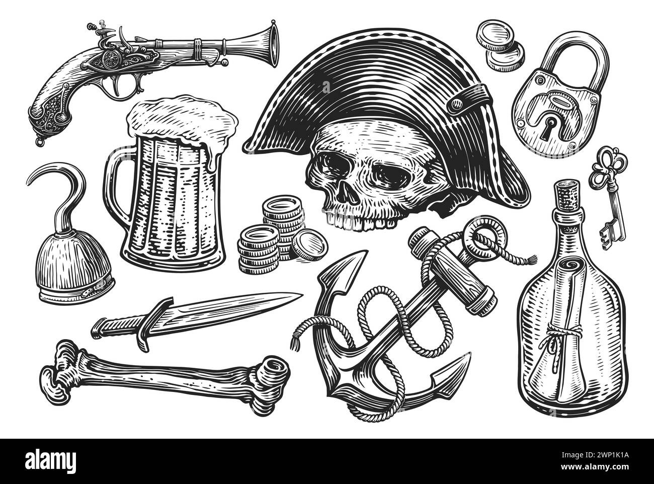 Pirate concept. Hand drawn objects engraving style. Sketch illustration Stock Vector