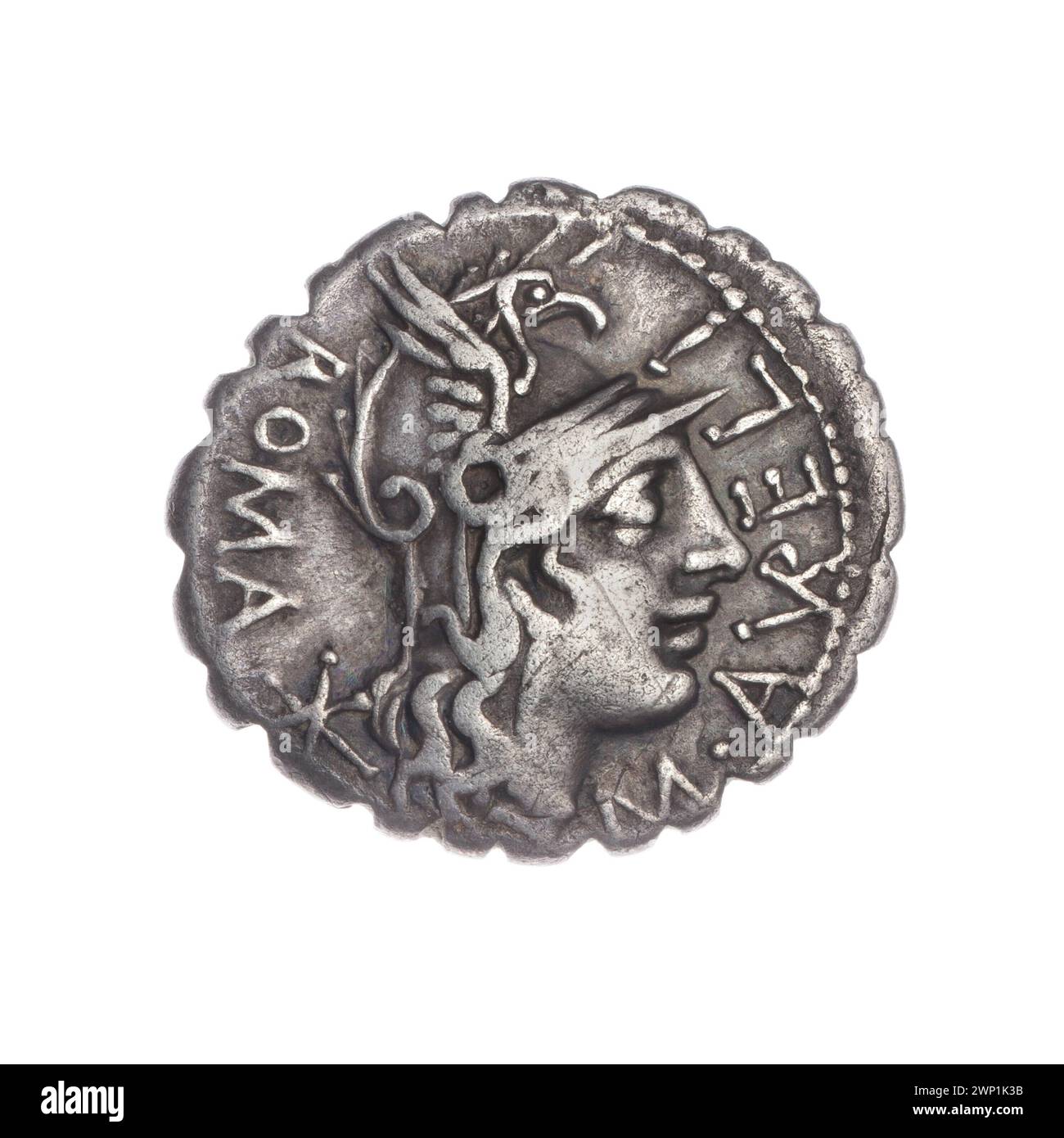 Denar of Aurelius Scaurus, M. (Fl. 118 A.C.), Licinius Crassus, L. (Fl. 118 A.C.), Domitius Ahenobarbus, Cn. (fl. 118-96 A.C.); 118 BC (-118-00-00--118-00-00);State Art Collections (Warsaw - 1922-1939) - collections, Roma (Mitol.), Bigi, Roma's head (iconogr.), Helmets, Attic Helmets, Karnyks (iconogr.), Message (provenance), shields, warriors, warrior na Biga (iconogr.), Wiecznia Stock Photo