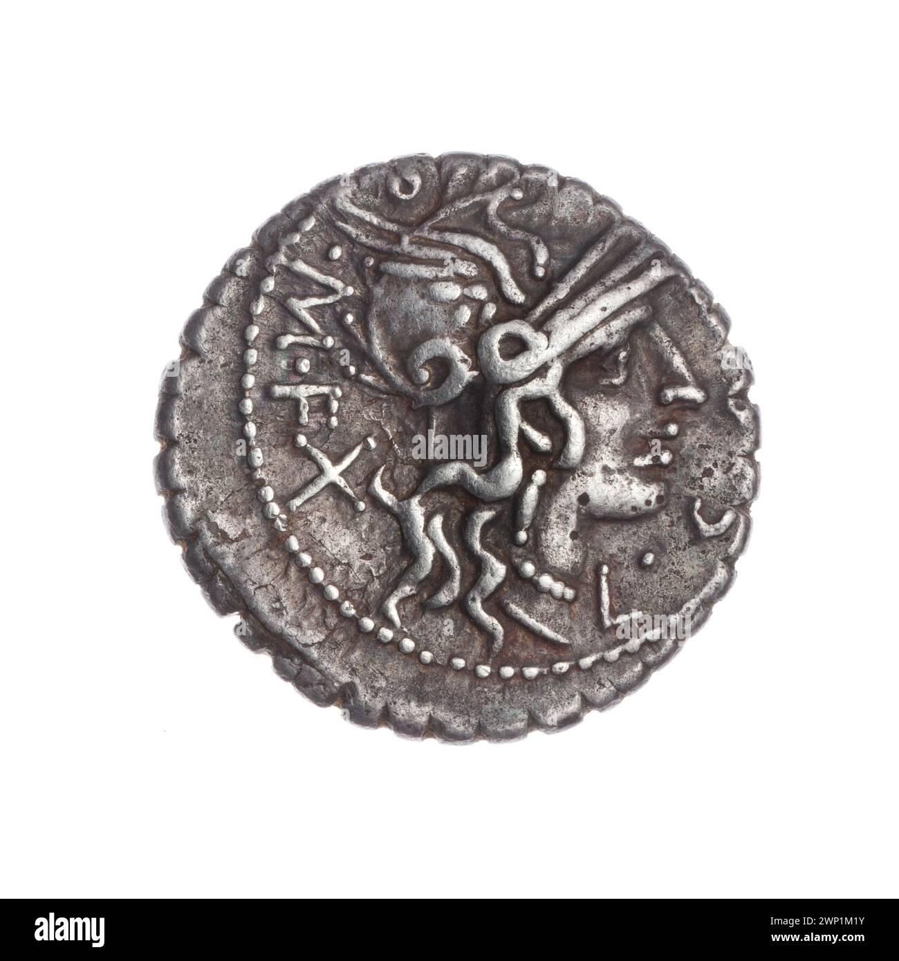 Denar of Cosconius, L. (Fl. 118 A.C.), Licinius Crassus, L. (Fl. 118 A.C.), Domitius Ahenobarbus, cn. (fl. 118-96 A.C.); 118 BC (-118-00-00--118-00-00);Roma (mitol.), Crynyx, Roma's head in a helmet (iconogr.), Attic helmet, helmets, shields, warrior on the big (iconogr.), Spears, Purchase (provenance) Stock Photo