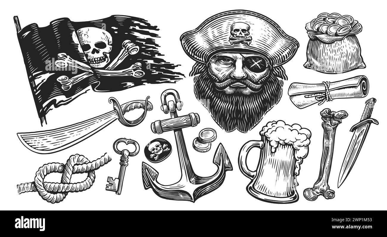 Pirate concept. Sketch illustration. Hand drawn objects engraving style Stock Vector