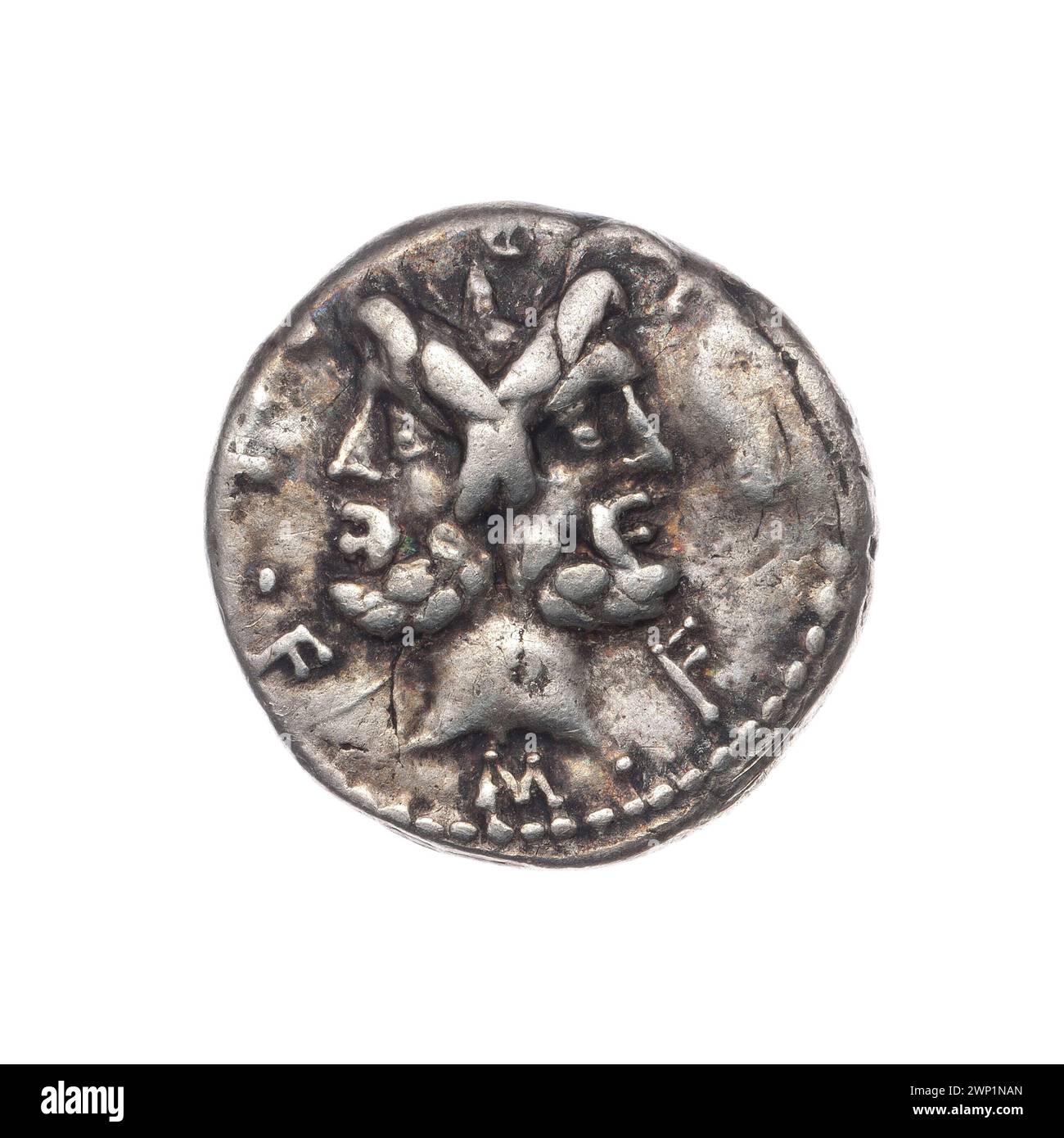 A Roman denarius issued by M. Furius Philus around 119 BC, featuring ...