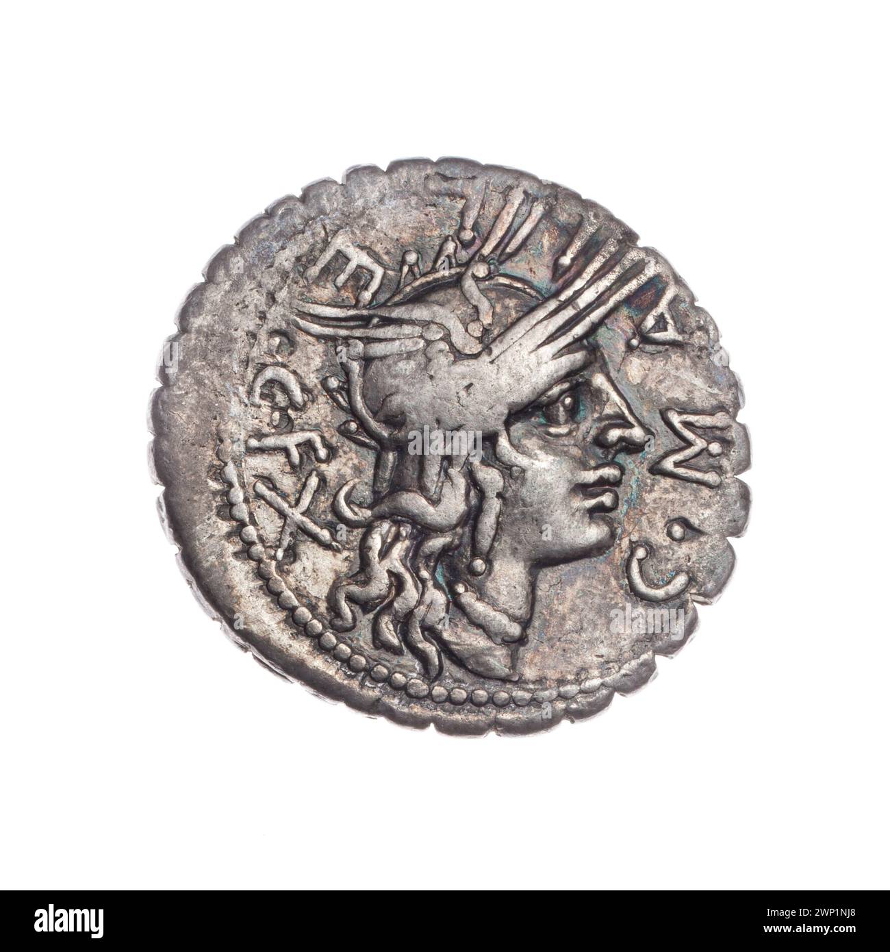 Denar of Publicus Malleolus, C. (Fl. 118 A.C.), Licinius Crassus, L. (Fl. 118 A.C.), Domitius Ahenobarbus, Cn. (fl. 118-96 A.C.); 118 BC (-118-00-00--118-00-00);Roma (mitol.), Crynyx, Roma's head in a helmet (iconogr.), Attic helmet, helmets, shields, warrior on the big (iconogr.), Spears, Purchase (provenance) Stock Photo