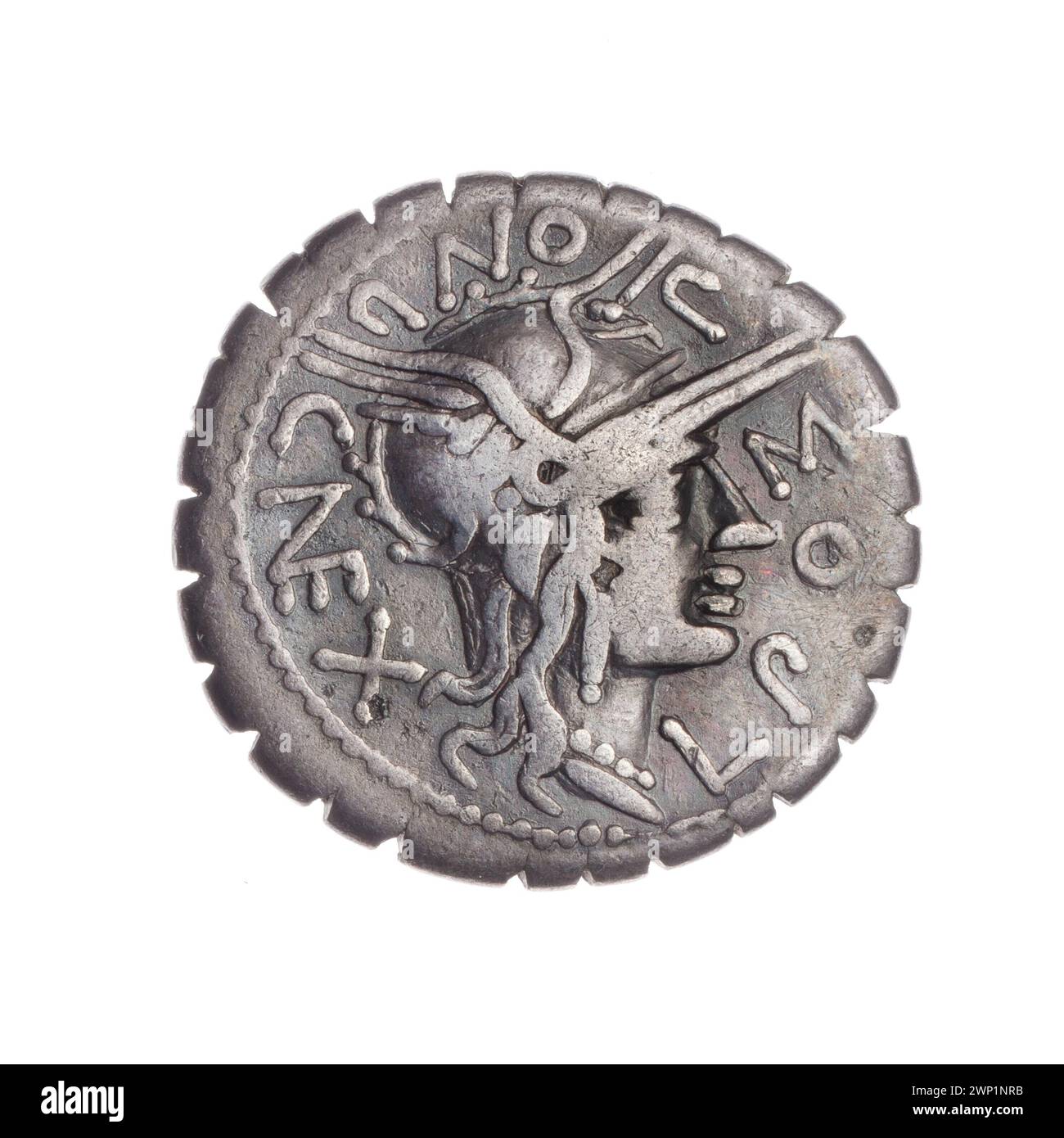 Denar of Pomponius, L. (Fl. 118 A.C.), Licinius Crassus, L. (Fl. 118 A.C.), Domitius Ahenobarbus, cn. (fl. 118-96 A.C.); 118 BC (-118-00-00--118-00-00);State Art Collections (Warsaw - 1922-1939) - collections, Roma (mitol.), Crynyx, Roma's head in a helmet (iconogr.), Attic helmet, helmets, message (provenance), shields, warrior in Biga (iconogr.), spears Stock Photo