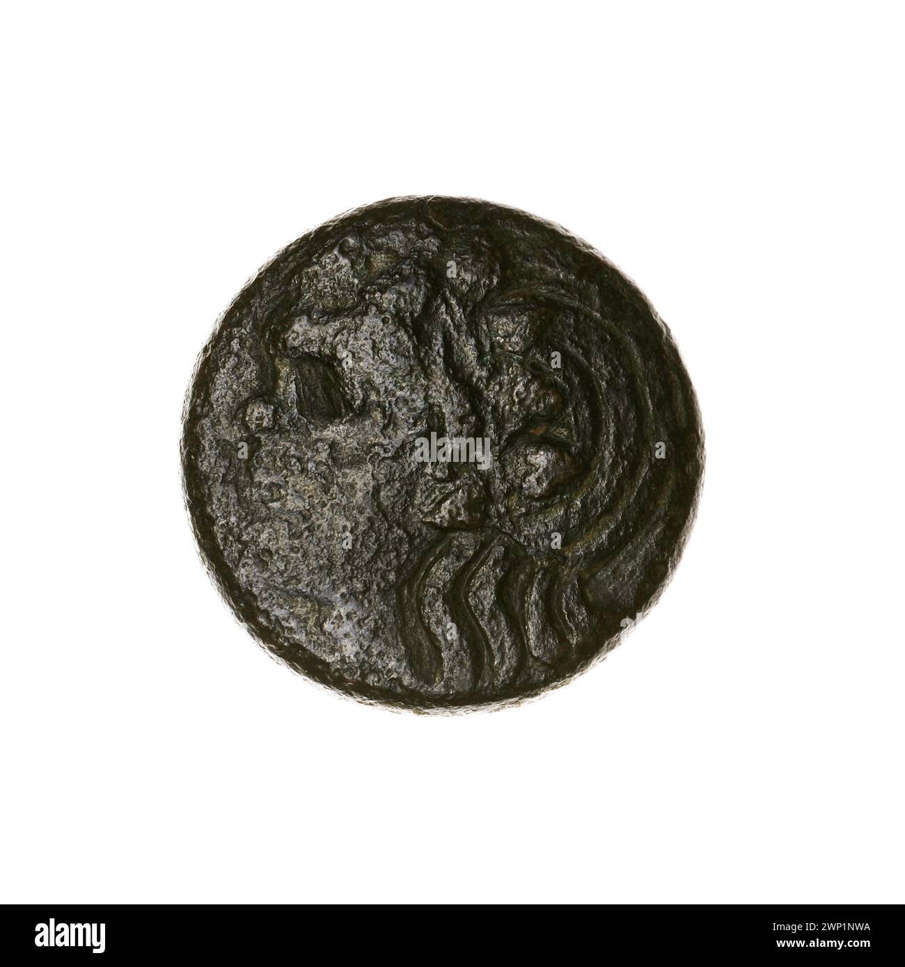 Brown coin; Pantikapaion; 315-300 BC (315-00-00-300-00-00);Nadczarzyorze, satir (mitol.), Lion's head (iconogr.), Jesiotry, lions, fish, animals Stock Photo