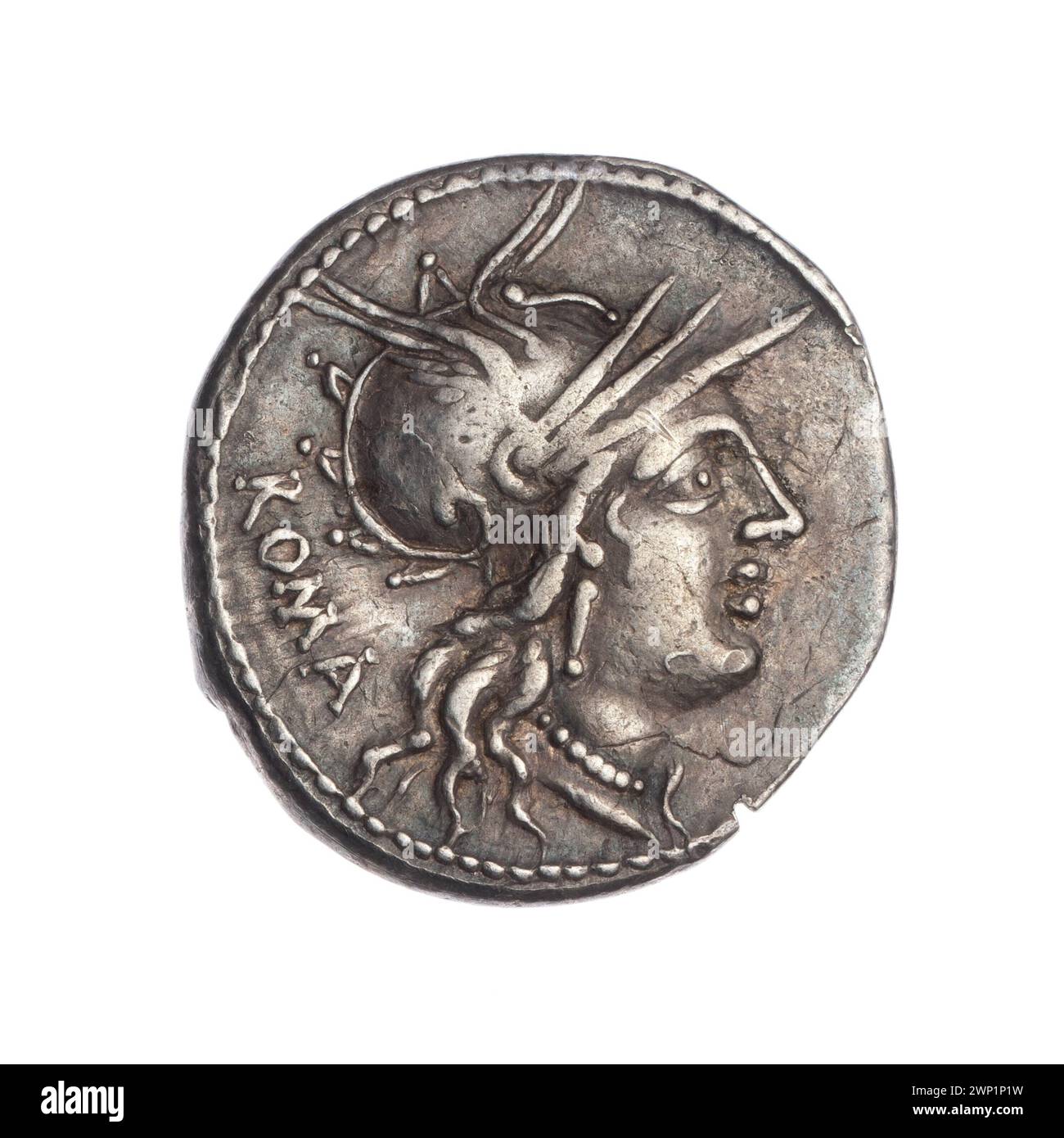 A denarius coin issued by M. Tullius around 120 BC, depicting Victoria ...