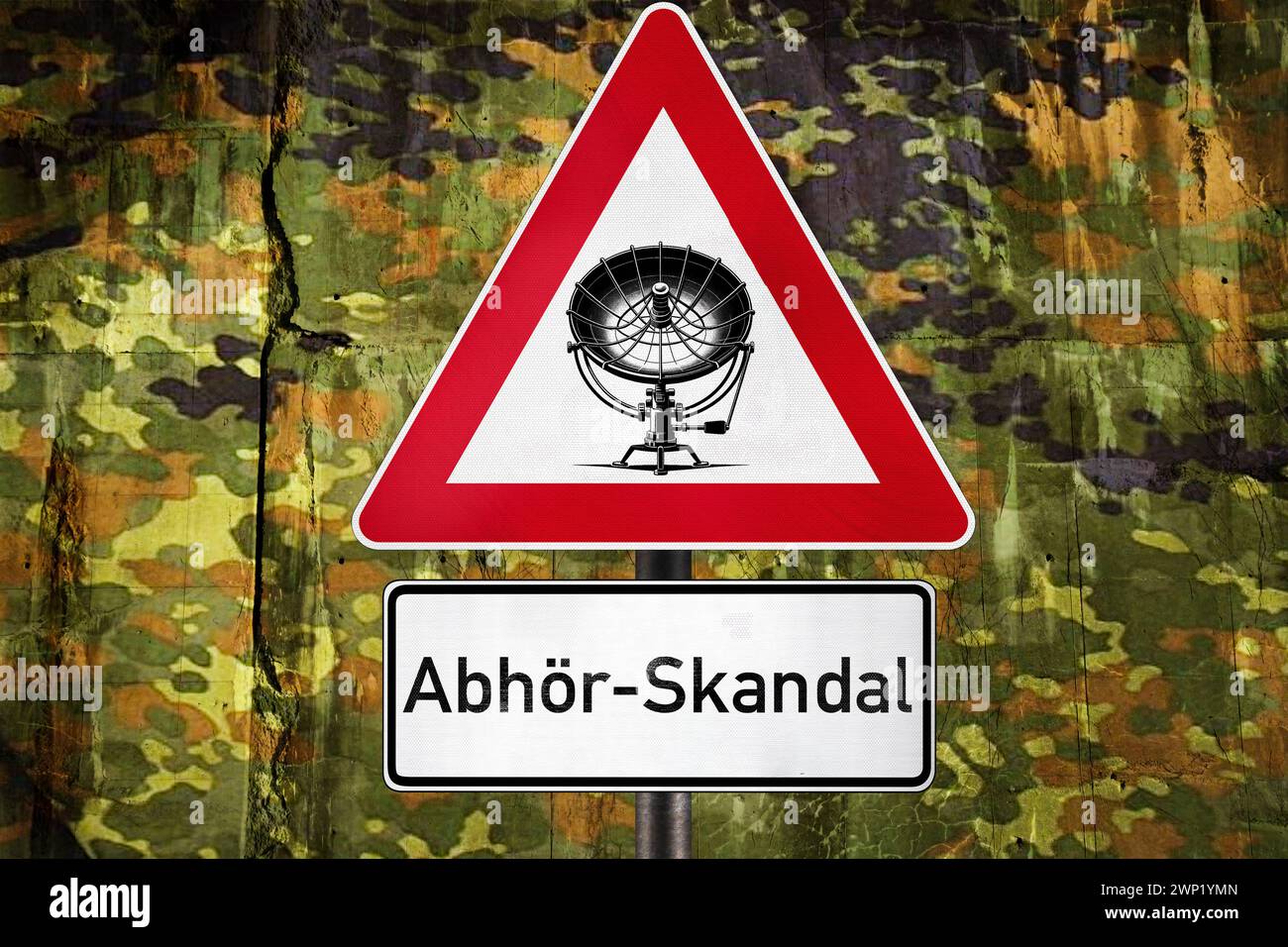 5 March 2024: Wiretapping scandal of the German Bundeswehr, directional microphone and on a sign in the background spotted camouflage colors of the military. PHOTOMONTAGE *** Abhör-Skandal der deutschen Bundeswehr, Richtmikrofon und auf einem Schild im Hintergrund Flecktarn Farben des Militär. FOTOMONTAGE Stock Photo