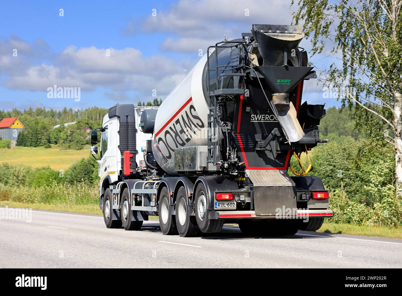 Concrete mixer truck of Swerock Oy, the largest supplier of aggregates and ready-mixed concrete in the Nordic countries. Salo, Finland. Aug 9, 2023. Stock Photo