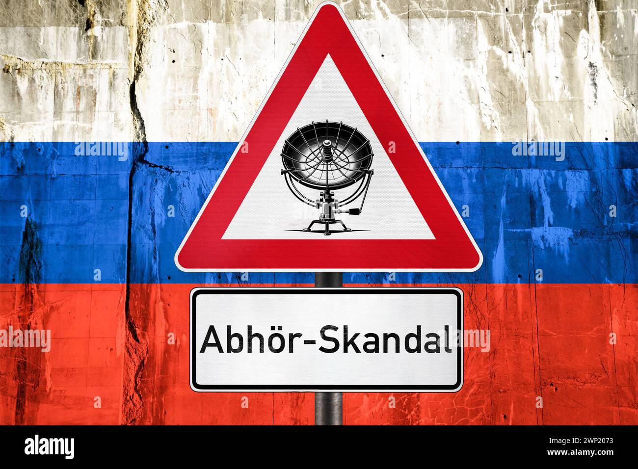 5 March 2024: German army wiretapping scandal, directional microphone and Russia flag on a sign in the background. PHOTOMONTAGE *** Abhör-Skandal der deutschen Bundeswehr, Richtmikrofon und auf einem Schild im Hintergrund Russland Fahne. FOTOMONTAGE Stock Photo