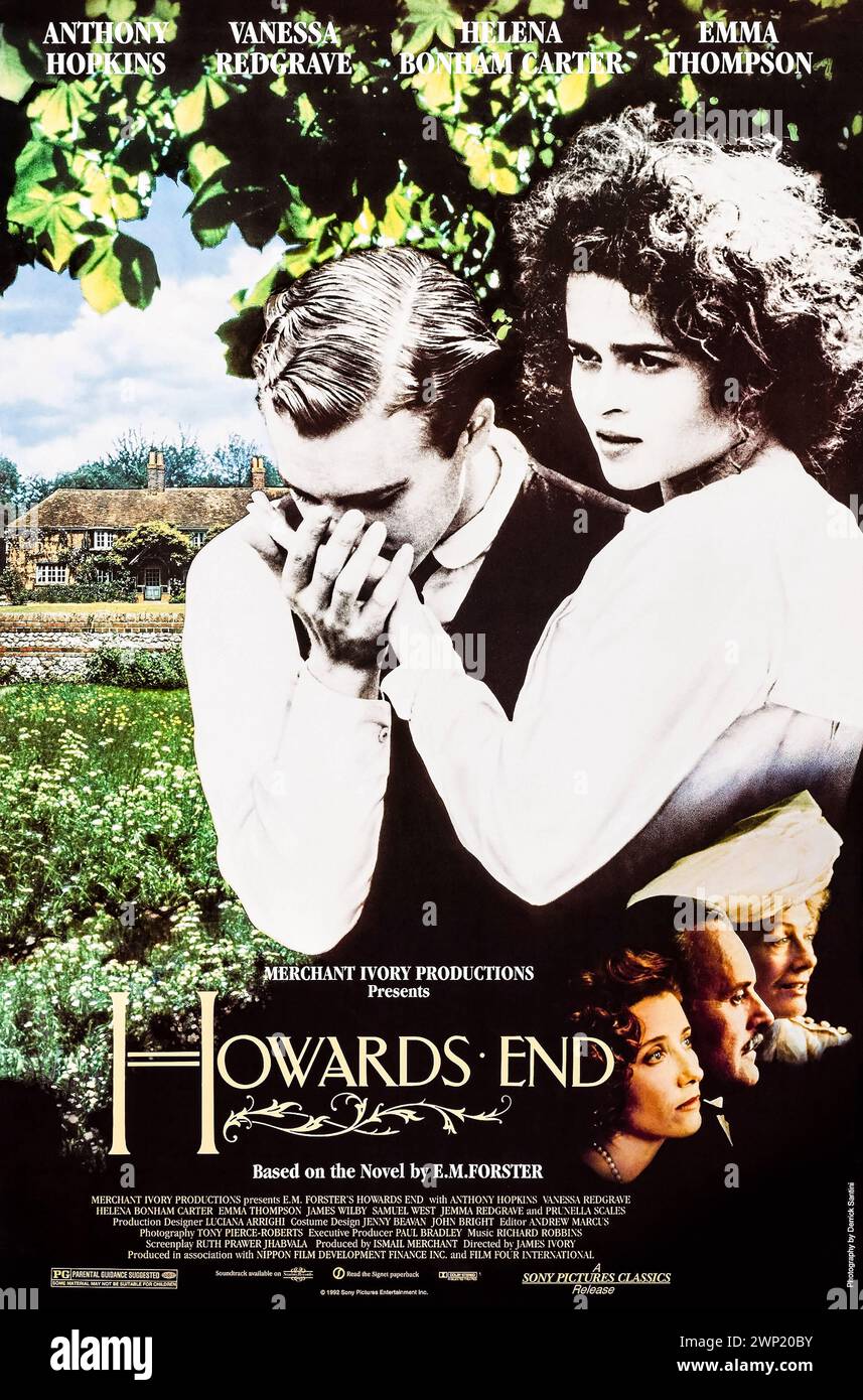 Howards End (1992) directed by James Ivory and starring Anthony Hopkins, Emma Thompson and Vanessa Redgrave. Adaptation of E.M. Forster's novel  about class distinctions and troubled relations affect the relationship between two families and the ownership of a cherished British estate known as Howards End. Photograph of an original 1992 US one sheet poster. ***EDITORIAL USE ONLY*** Credit: BFA / Sony Pictures Classics Stock Photo