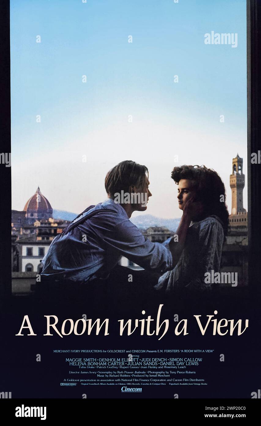 A Room with a View (1985) directed by James Ivory and starring Maggie Smith, Helena Bonham Carter and Denholm Elliott. Lucy Honeychurch  shares a brief romance with George Emerson in Florence but as she tries to move on with her life finds it hard to forget the events of that summer. Photograph of an original 1985 US one sheet poster. ***EDITORIAL USE ONLY*** Credit: BFA / Cinecom Stock Photo