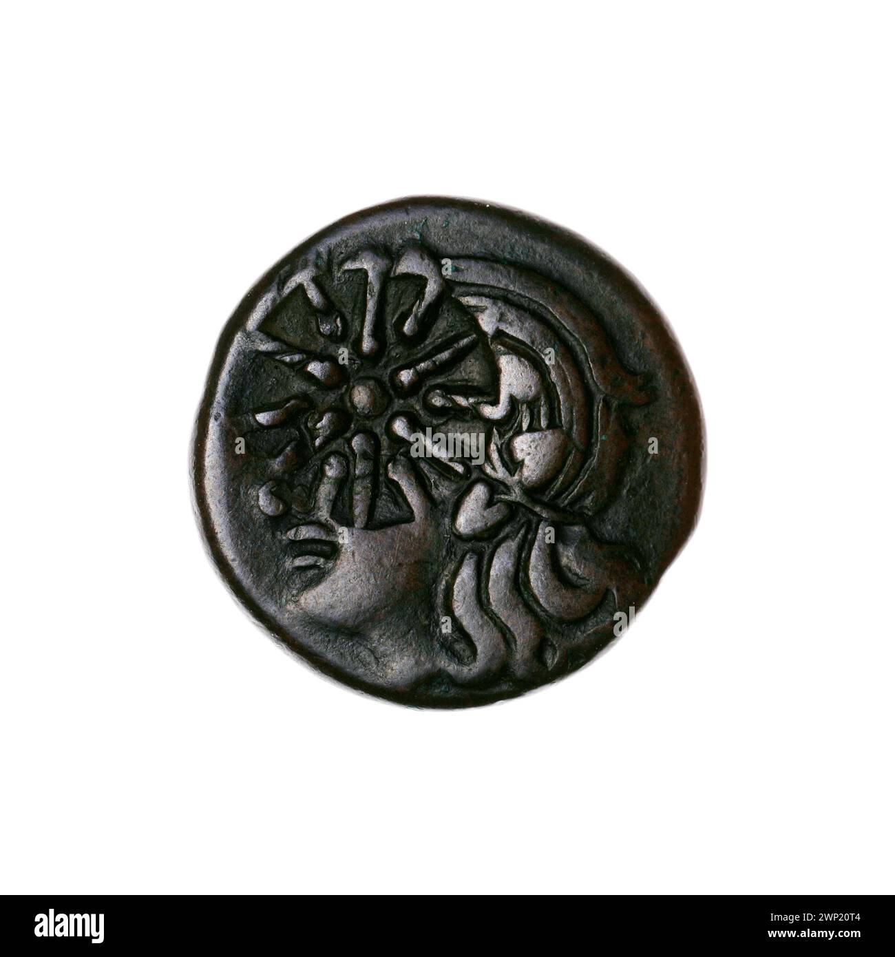 Brown coin; Pantikapaion; the beginning of the 3rd century BC (-300-00-00--291-00-00);Nadczarzyorze, State Art Collections (Warsaw - 1922-1939) - collections, satir (mitol.), Weapons (iconogr.), Goritos (army), twelve -pointed star (iconogr.), Stars, Lion's head (iconogr.), Jesiotry , counterattacks (numism.), Lions, message (provenance), fish, Sajdak (army), armament (iconogr.), Animals, Arch in Sajdak (iconogr.), Łuki (armed) Stock Photo