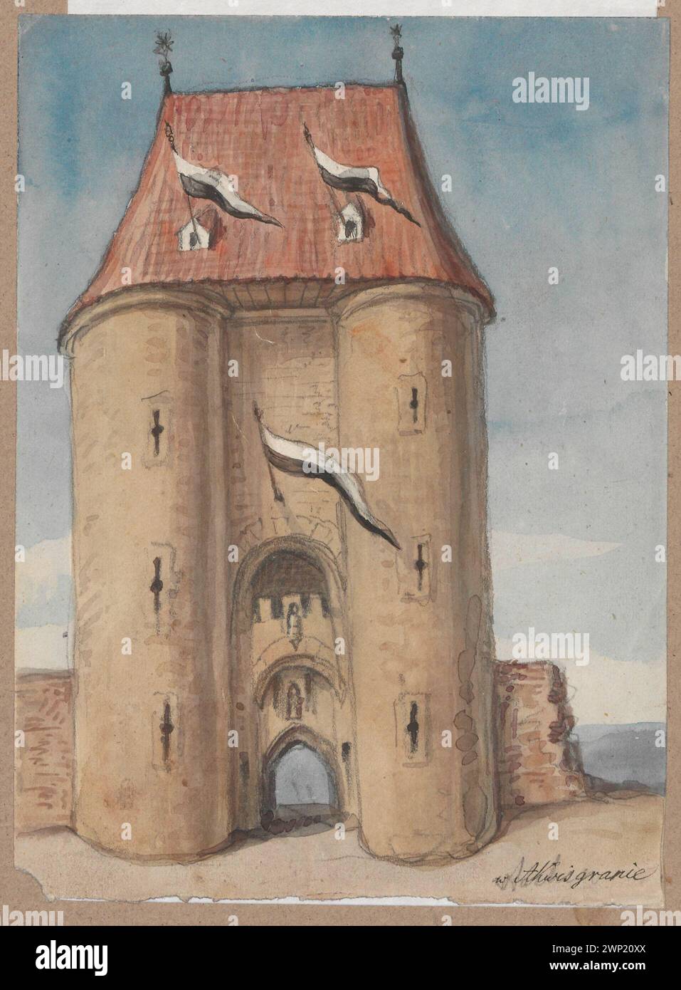 General view of the gate tower in Aachen, Germany, including sketches ...