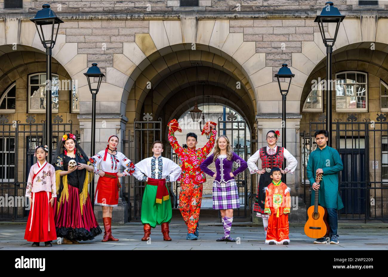 Paterson’s Land, Edinburgh, Scotland, UK, 05 March 2024. Pomegranates Festival: the programme is launched today. International dancers celebrate in traditional costume representing different dance migrant communities in Scotland. Pic: Mexican Dance of the Death, Ukrainian Folk dance, Chinese Classical Folk Dance, Scottish Highland Dance, Bulgarian Folk Dance, Gourab Dey  (Indian traditional music) Credit: Sally Anderson/Alamy Stock Photo