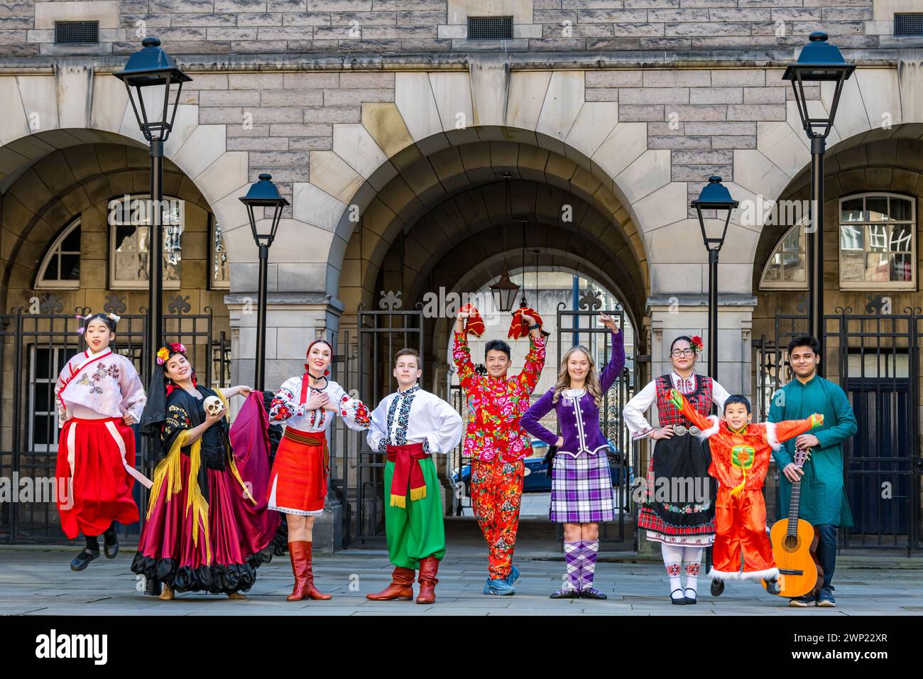 Paterson’s Land, Edinburgh, Scotland, UK, 05 March 2024. Pomegranates Festival: the programme is launched today. International dancers celebrate in traditional costume representing different dance migrant communities in Scotland. Pic: Mexican Dance of the Death, Ukrainian Folk dance, Chinese Classical Folk Dance, Scottish Highland Dance, Bulgarian Folk Dance, Gourab Dey  (Indian traditional music) Credit: Sally Anderson/Alamy Stock Photo