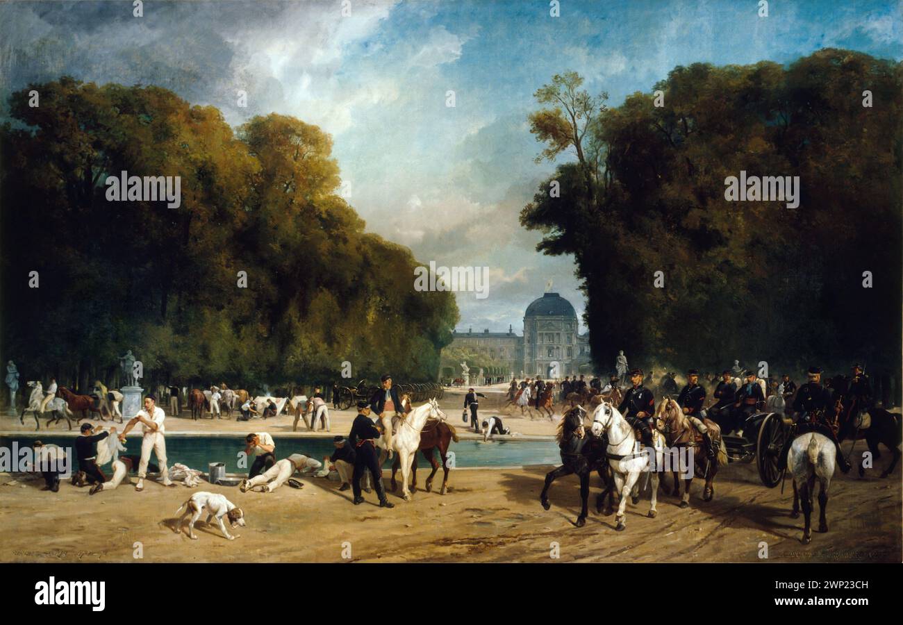 Artillery encampment in the Tuileries Gardens (1871) by Brunner-Lacoste and Alfred Decaen (musée Carnavalet). Stock Photo