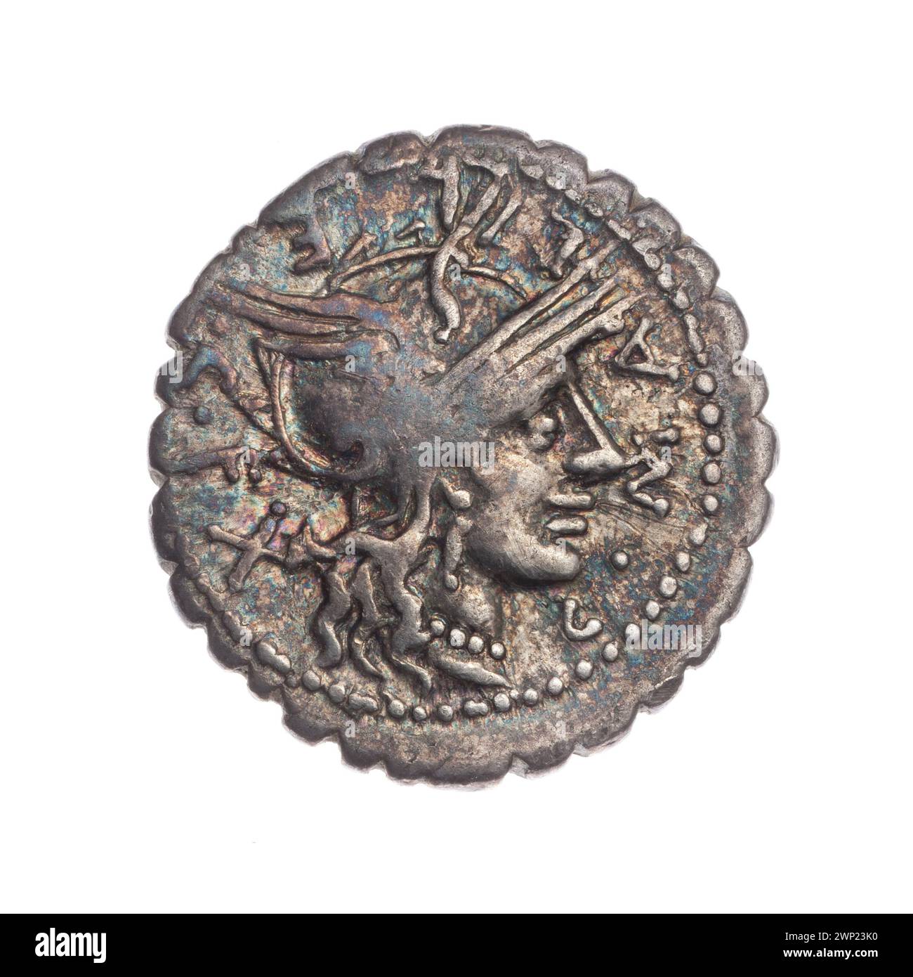 Denar of Publicus Malleolus, C. (Fl. 118 A.C.), Licinius Crassus, L. (Fl. 118 A.C.), Domitius Ahenobarbus, Cn. (fl. 189-180 A.C.); 118 BC (-118-00-00--118-00-00);State Art Collections (Warsaw - 1922-1939) - collections, Roma (mitol.), Crynyx, Roma's head in a helmet (iconogr.), Attic helmet, helmets, message (provenance), shields, warrior in Biga (iconogr.), spears Stock Photo