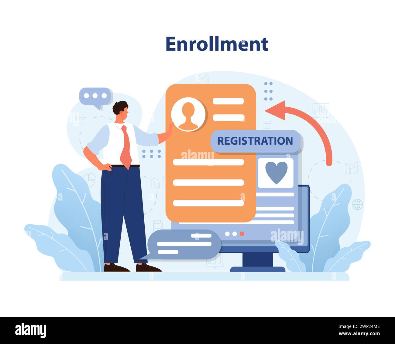 Enrollment process visualized. Businessman interacts with an online ...