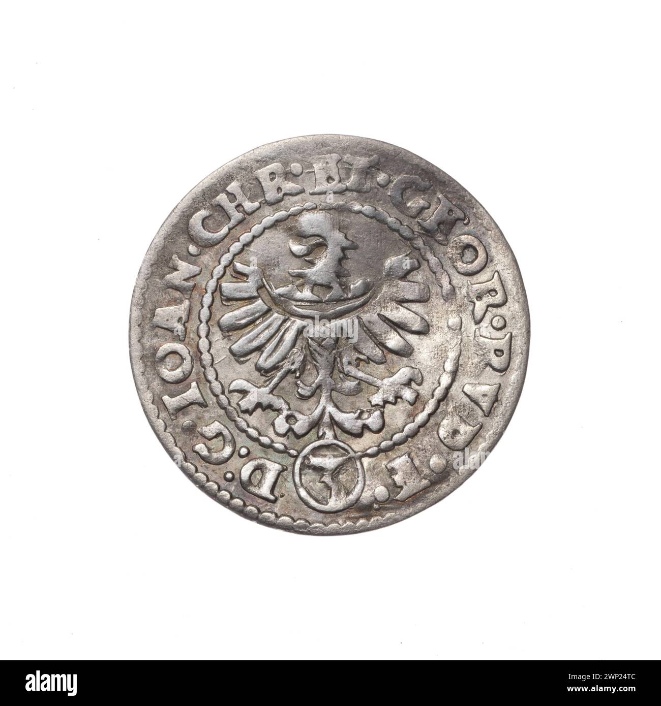 3 Krajcary; Jan Christian (KSI  Legnica-Brzeski; 1591-1639), Jerzy Rudolf (KSI  Legnica-Brzeski; 1595-1653), Tuchmann, Christoph (Fl. 1607-1610); 1608 (1608-00-00-1608-00-00);Jan Christian (Prince of Brest - 1591-1639), Jerzy Rudolf (Prince Legnica - 1595-1653), Legnica (coat of arms), Piastów (family), Duchy of Brest (coat of arms), the Duchy of Legnica (coat of arms), Silesian Eagle (iconogr.) , eagles, shields, coat of arms, coat of arms under the prince's miter Stock Photo