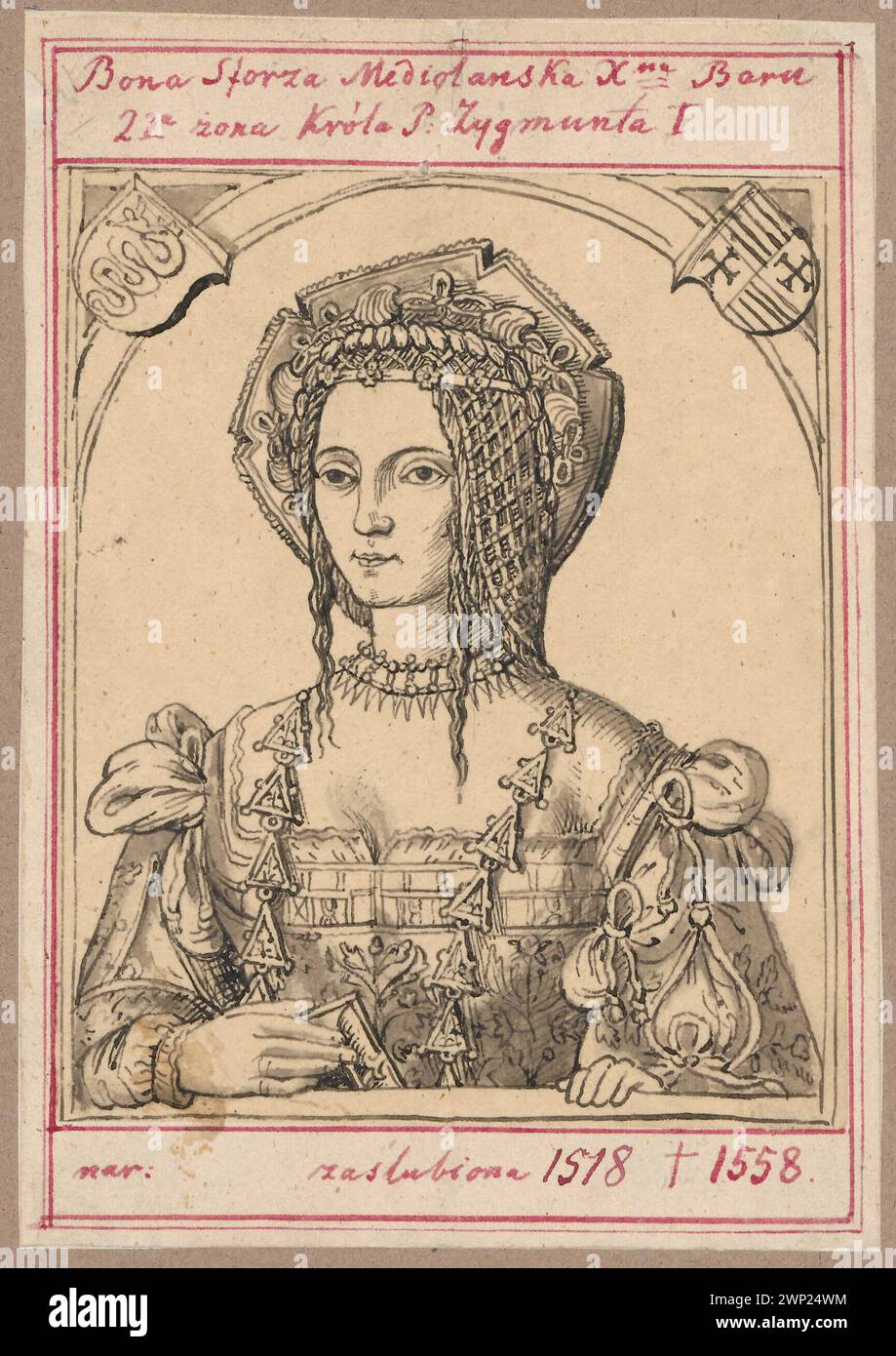 Portrait of Circular Bona Sforza, according to the woodcut from the Decius 'de Vetustatibus Polonorum' from 1521; Lesser, Aleksander (1814-1884); 1830-1884 (1830-00-00-1884-00-00);Bona (Queen of Poland-1494-1557), Bona (Queen of Poland-1494-1557)-iconography, Decjusz, Justus Ludwik (1485-1545), De Vetustatibus Polonorum ..., Lesser, Aleksander (1814-1884), Lesser, Lesser, Aleksander (1814-1884) - collections, Lesser, Wiktor Stanisław Zygmunt (Baron - 1853-1935), Lesser, Wiktor Stanisław Zygmunt (Baron - 1853-1935) - collection, 16th century, gift (provenance), graphics (artist. ), copies, copi Stock Photo
