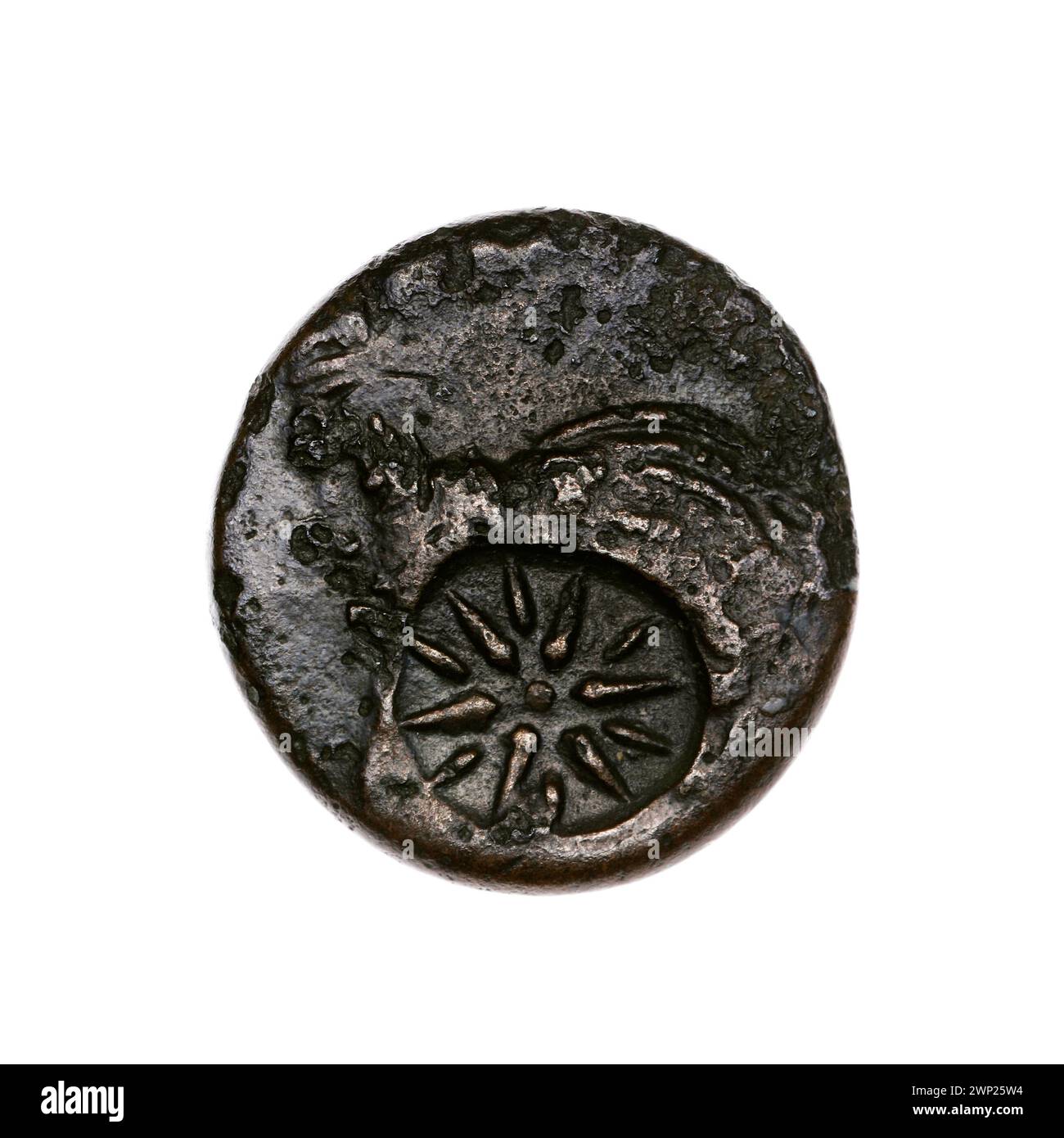 Brown coin; Pantikapaion; 1. PO. III century BC (-300-00-00--251-00-00);Nadczarzyorze, satir (mitol.), Terlecki, Ignacy (1860-1916), Terlecki, Ignacy (1860-1916)-collection, weapons (iconogr.), Goritos (weapons), twelve-pointed star (iconogr.), Stars, head Lion (iconogr.), Jesiotry, counterattacks (numism.), Lions, fish, arrows (weapons), armament (iconogr.), Purchase (provenance), animals, bow and arrow (iconogr.), Arch in Sajdak (iconogr .), Łuki (army) Stock Photo