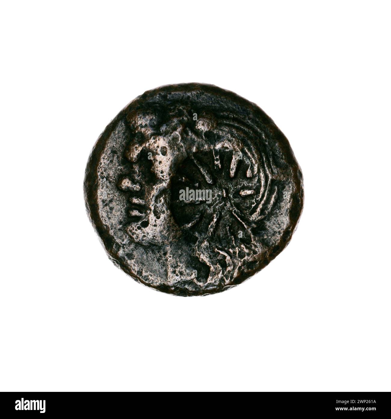 Brown coin; Pantikapaion; the beginning of the 3rd century BC (-300-00-00--291-00-00);Nadczarzyorze, satir (mitol.), Weapon (iconographer), Goritos (army), twelve -pointed star (iconogr.), Stars, Lion's head (iconogr.), Jesiotry, counterattacks (numism.), Lions, message (Przeentencja) , fish, Sajdak (weapon), armament (iconogr.), Animals, Arch in Sajdak (iconogr.), Łuki (army) Stock Photo