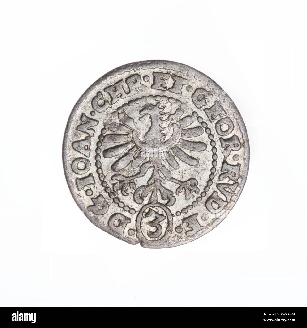3 Krajcary; Jan Christian (KSI  Legnica-Brzeski; 1591-1639), Jerzy Rudolf (KSI  Legnica-Brzeski; 1595-1653), Tuchmann, Christoph (Fl. 1607-1610); 1610 (1610-00-00-1610-00-00);Jan Chrystian (Prince of Brest - 1591-1639), Jerzy Rudolf (Prince Legnica - 1595-1653), Legnica (coat of arms), Piastów (family), Duchy of Brest (coat of arms), Duchy of Legnica (coat of arms), letters CT, CT letters, Silesian eagle ( iconogr.), Eagles, shields, coat of arms, coat of arms under the prince's miter Stock Photo