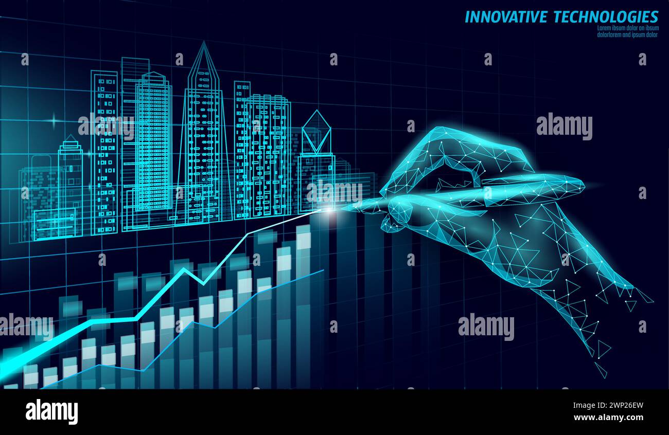 Low poly smart city 3D growing graph. Intelligent building automation ...