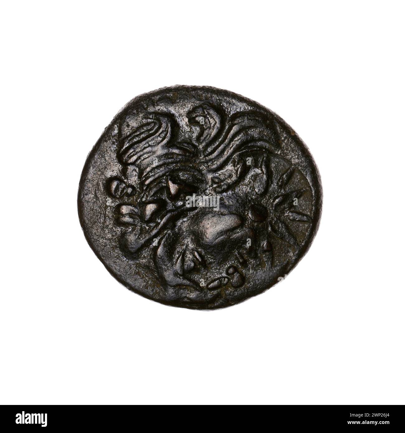 Brown coin; Pantikapaion; 1. PO. III century BC (-300-00-00--251-00-00);Nadczarzyorze, satir (mitol.), Terlecki, Ignacy (1860-1916), Terlecki, Ignacy (1860-1916)-collection, weapons (iconogr.), Goritos (weapons), twelve-pointed star (iconogr.), Stars, head Lion (iconogr.), Jesiotry, counterattacks (numism.), Lions, fish, arrows (weapons), armament (iconogr.), Purchase (provenance), animals, bow and arrow (iconogr.), Arch in Sajdak (iconogr .), Łuki (army) Stock Photo