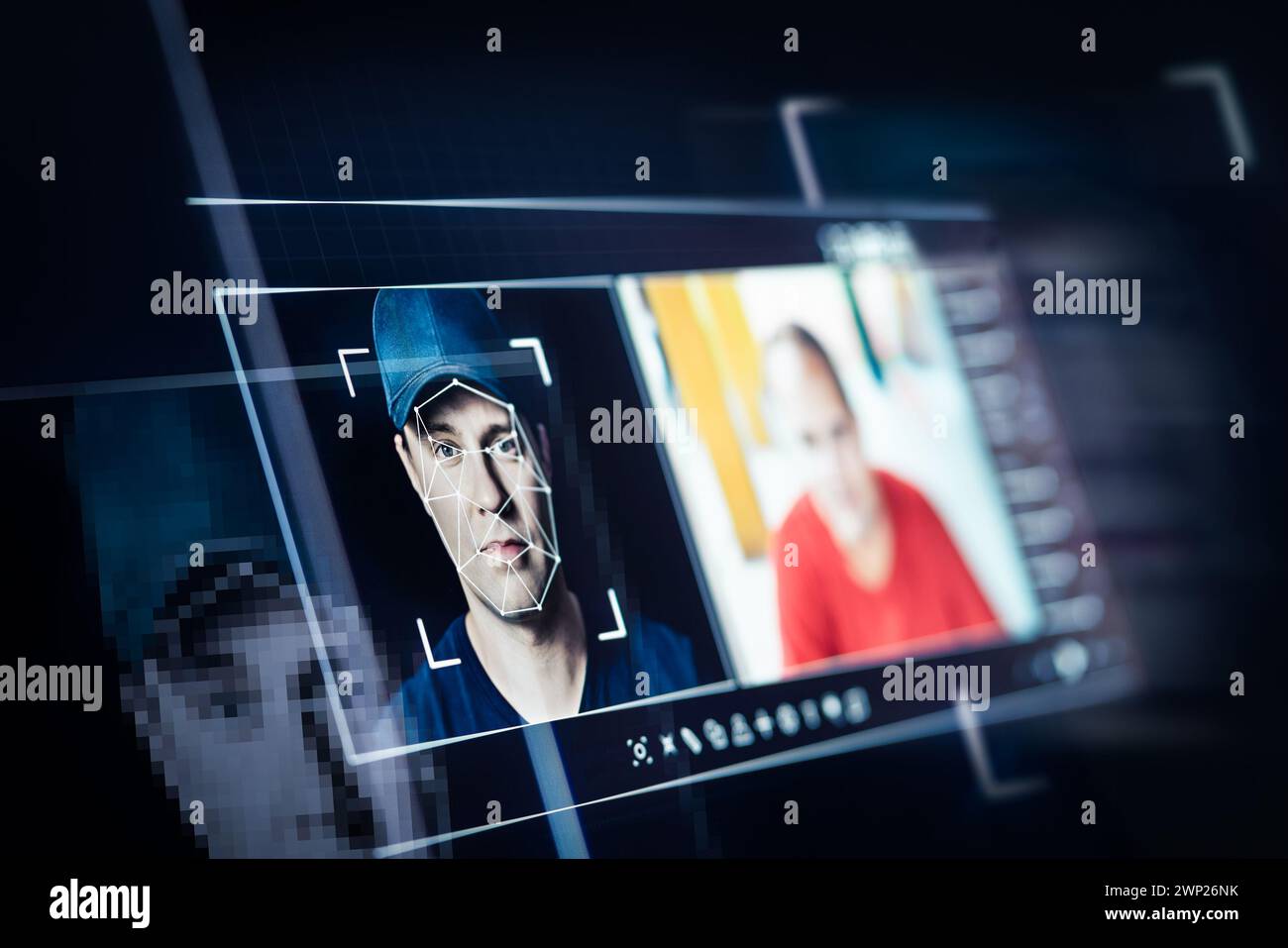 Deep fake. Deepfake and AI artificial intelligence video editing technology. Face of a person in editor. Machine learning concept. Fraud picture swap. Stock Photo