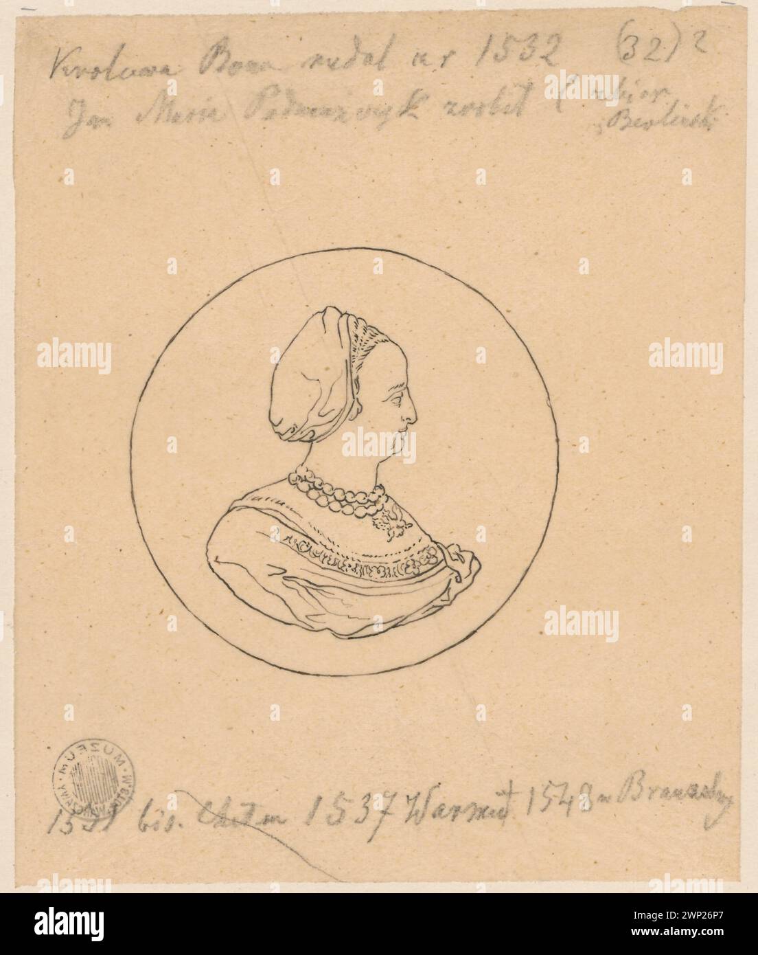 Portrait of Queen Bona Sforza from the profile, according to the medal by Jan Maria Padovano; Lesser, Aleksander (1814-1884), Mosca, Giovanni Maria (1493-Ca 1573); 1830-1884 (1830-00-00-1884-00-00);Bona (Queen of Poland - 1494-1557), Bona (Queen of Poland - 1494-1557) - iconography, Lesser, Aleksander (1814-1884), Lesser, Aleksander (1814-1884) - collections, Lesser, Wiktor Stanisław Zygmunt (Baron - Baron - 1853-1935), Lesser, Wiktor Stanisław Zygmunt (Baron - 1853-1935) - collection, 16th century, gift (provenance), queen, medals, medals (medalistics), lens, personalities, personalities, Pol Stock Photo