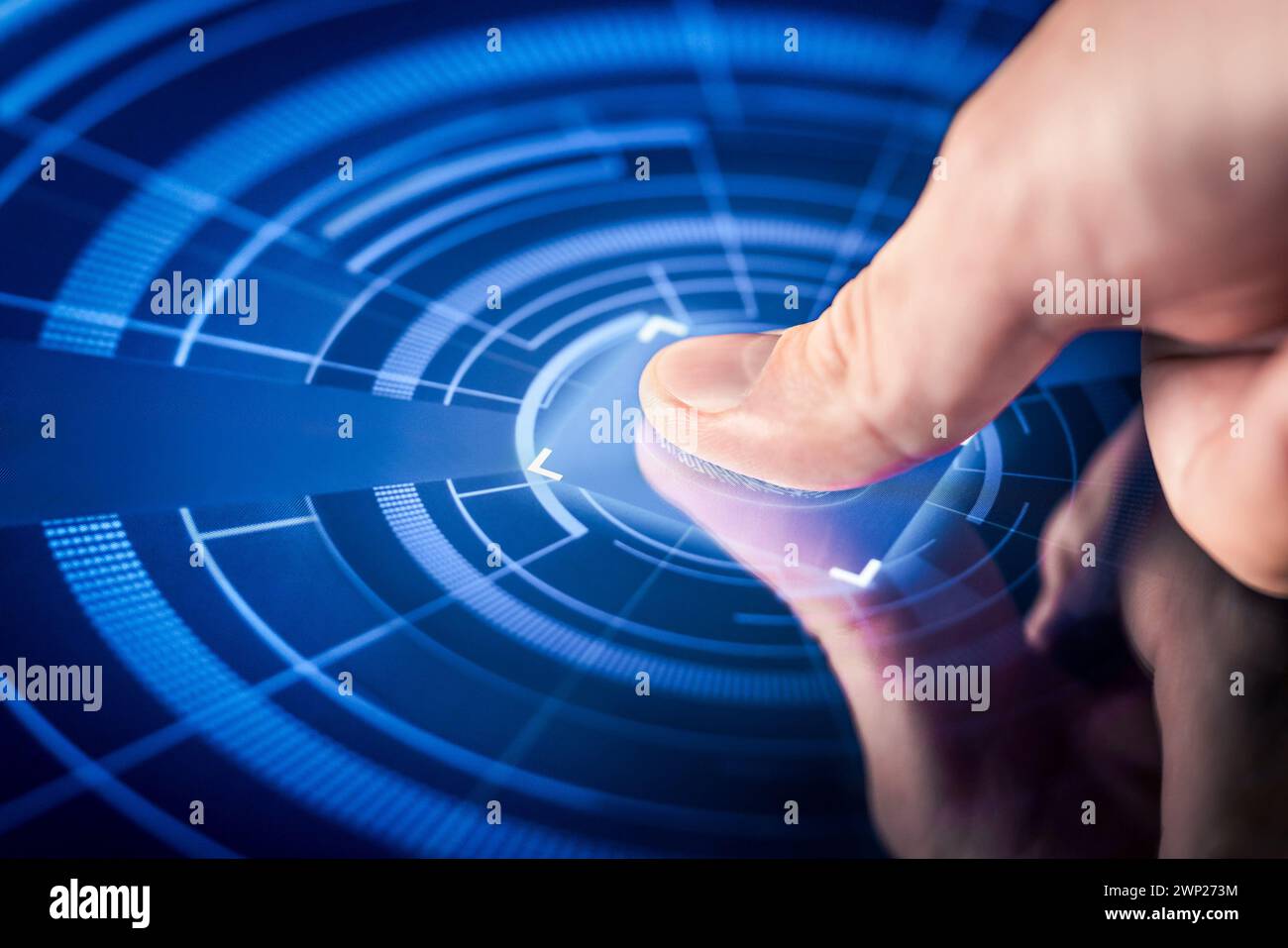 Fingerprint biometric scan. Finger print and thumb recognition for digital protection and data access. Identity verification with thumbprint reader. Stock Photo