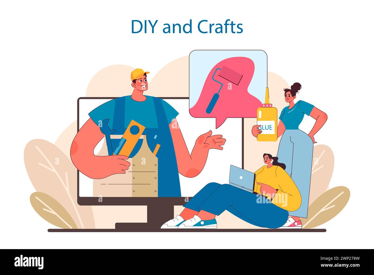 DIY and Crafts concept. Home projects and creative hobbies showcased online. Crafting community sharing inspiration and how-to guides. Celebrating handiwork and ingenuity. Flat vector illustration. Stock Vector