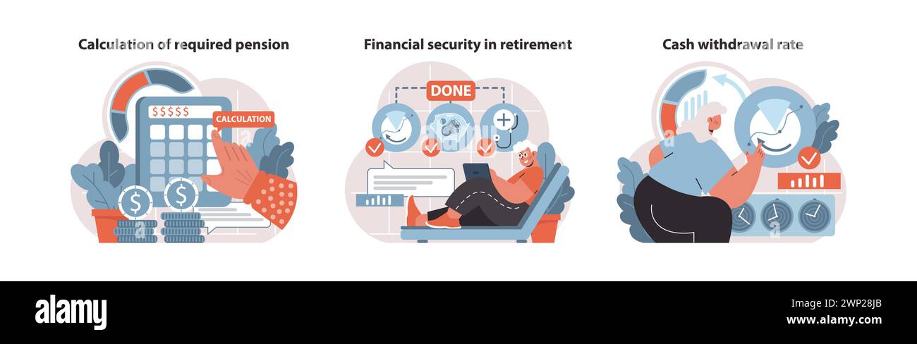 Secure Retirement set. Strategic pension calculation, ensuring financial security, managing cash withdrawal. Retirement planning essentials. Flat vector illustration. Stock Vector