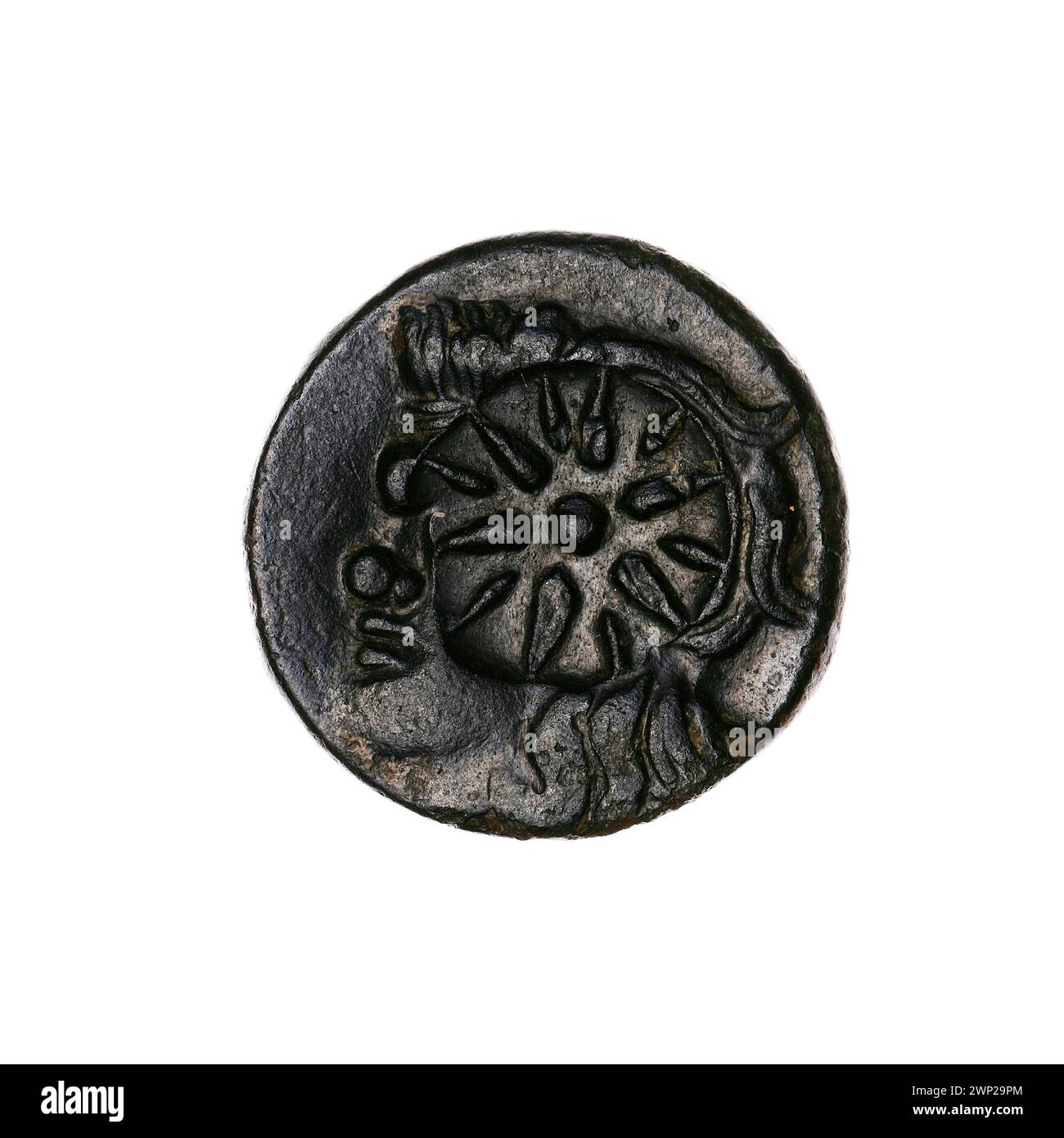 Brown coin; Pantikapaion; the beginning of the 3rd century BC (-300-00-00--291-00-00);Nadczarzyorze, satir (mitol.), Terlecki, Ignacy (1860-1916), Terlecki, Ignacy (1860-1916)-collection, weapons (iconogr.), Goritos (weapons), twelve-pointed star (iconogr.), Stars, head Lion (iconogr.), Jesiotry, counterattacks (numism.), Lions, Fish, Sajdak (weapons), armament (iconogr.), Purchase (provenance), animals, arch in Sajdak (iconogr.), Łuki (army) Stock Photo