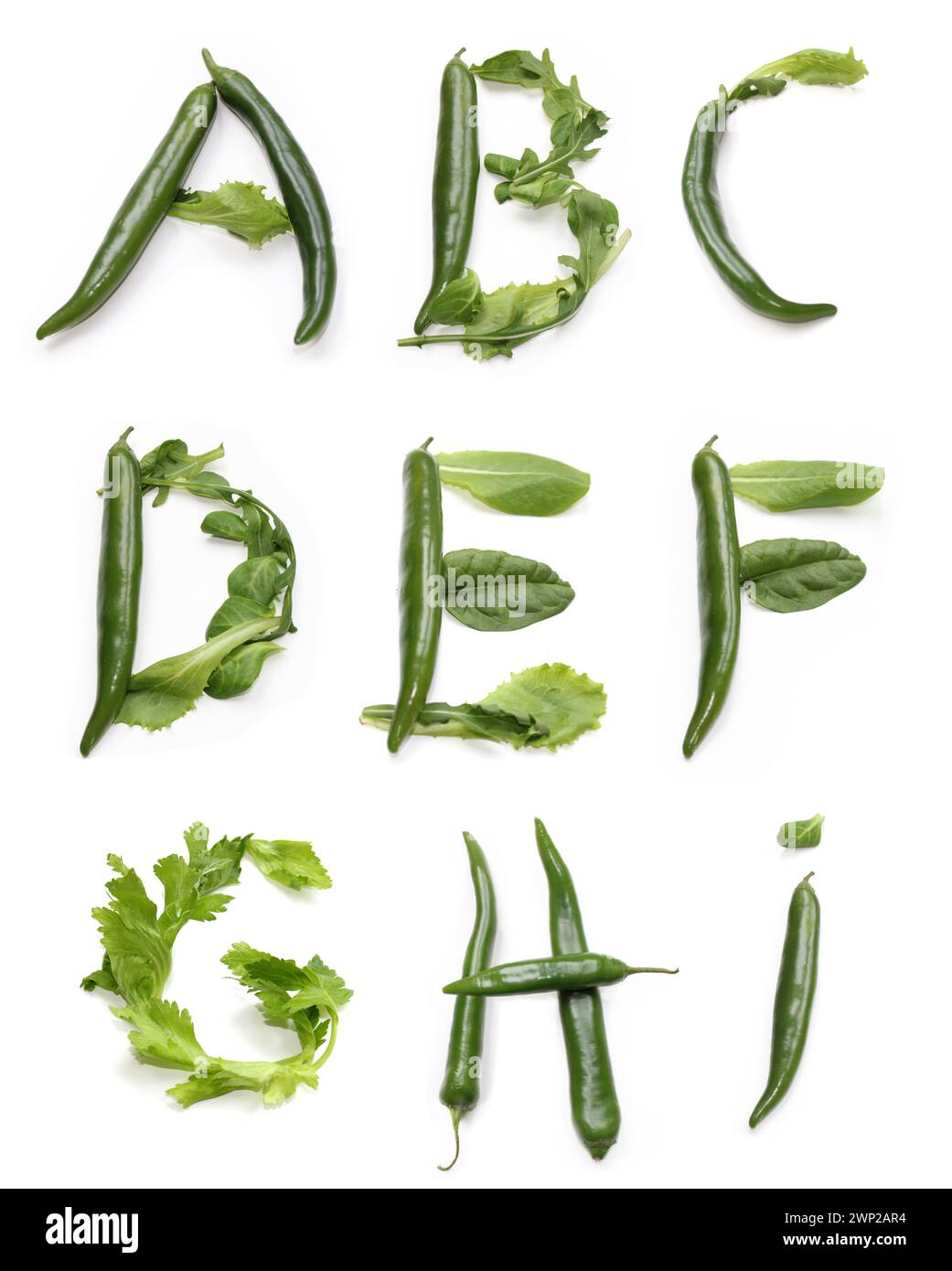 letters a b c d e f g h i from chili peppers, green salad leaf for text word, poster, brunch banner, bowls menu card, vegan bowl, vegetarian food bowl Stock Photo