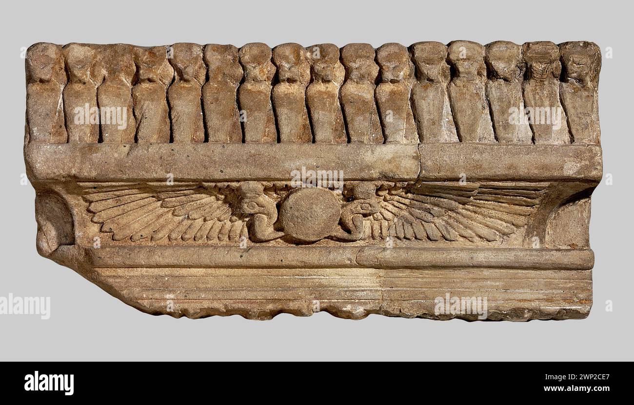 Cavetto cornice;  III-IV century (Meroic period) (200-00-00-00-400-00-00);Faras (Sudan), Solar Drive (iconogr.), Nubian craft, ureusz (iconogr.), Polish excavations in Faras (Sudan) Stock Photo