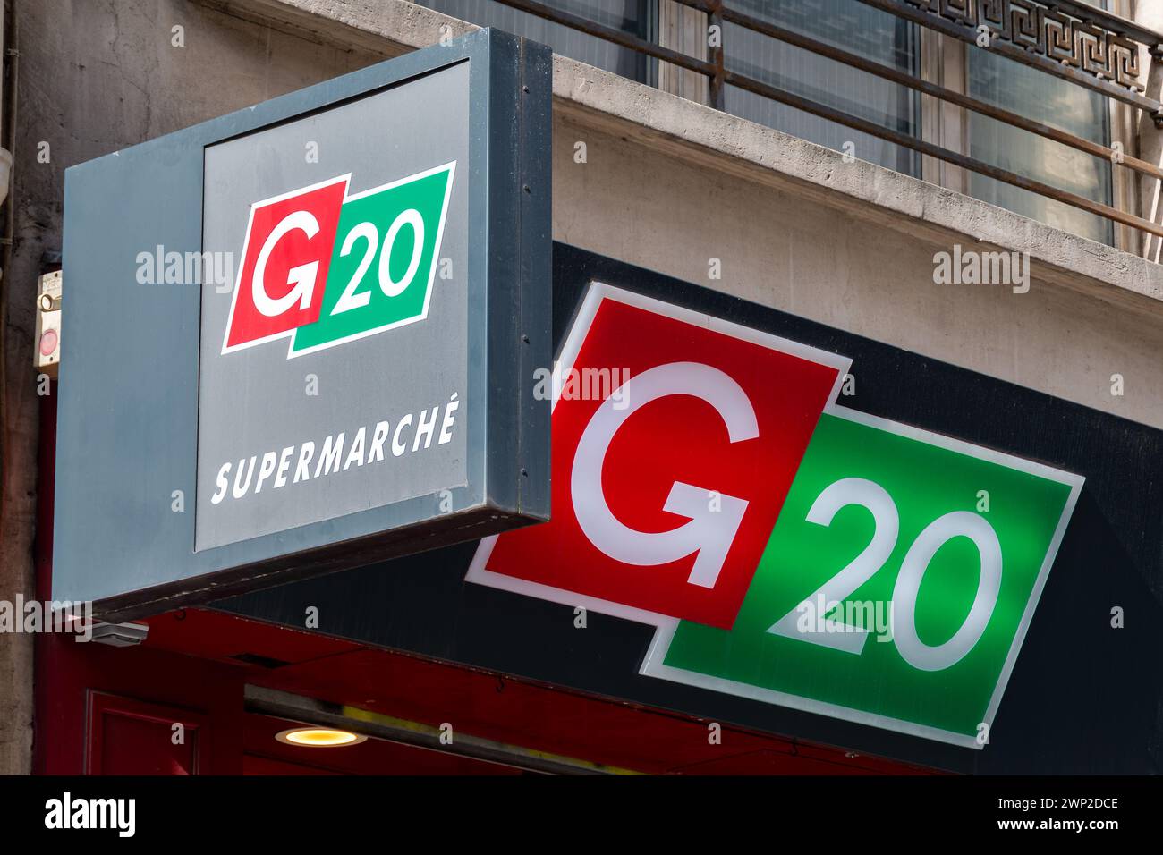 Sign and logo of a G20 supermarket. G20 is a French chain of convenience stores located mainly in the Paris region Stock Photo