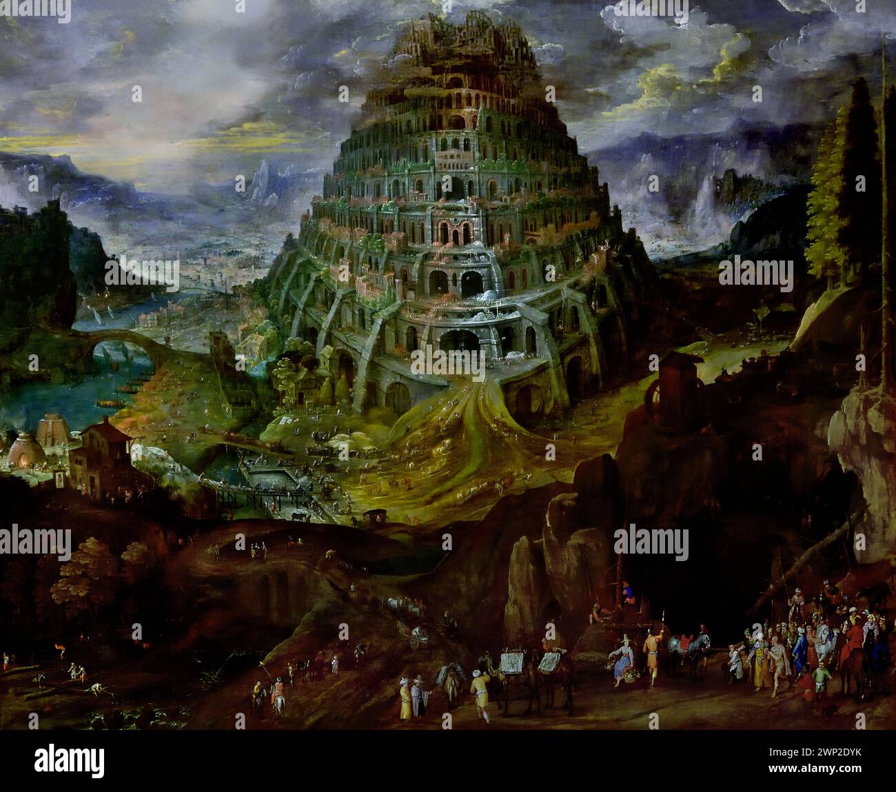 The Tower of Babel by Jan Brueghel I 1565-1625 and Tobias Verhaecht 1561-1631  Royal Museum of Fine Arts,  Antwerp, Belgium, Belgian ( Tower of Babel, According to Genesis, the Babylonians wanted to make a name for themselves by building a mighty city and a tower “with its top in the heavens.” God disrupted the work by so confusing the language of the workers that they could no longer understand one another.). Stock Photo