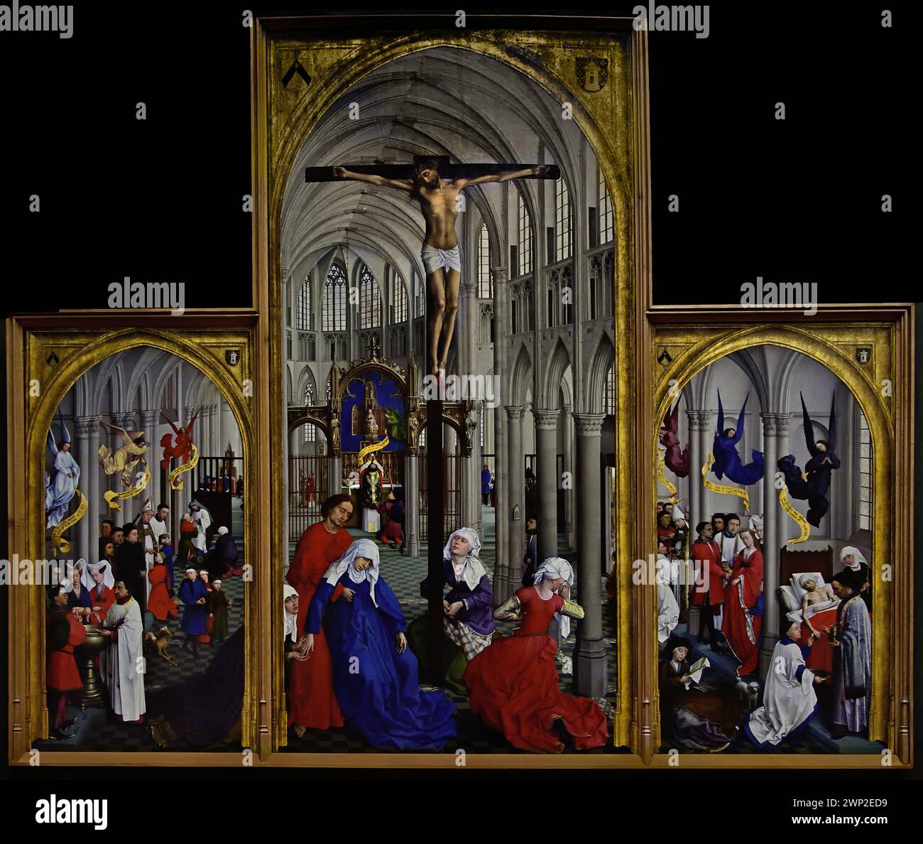The Seven Sacraments ( Baptism, Confirmation and Confession - Christ on the Cross and the Eucharist - The Ordinatio, Marriage and Extreme Unction ) 1440-1445  by Rogier van der Weyden, Royal Museum of Fine Arts,  Antwerp, Belgium, Belgian. Stock Photo