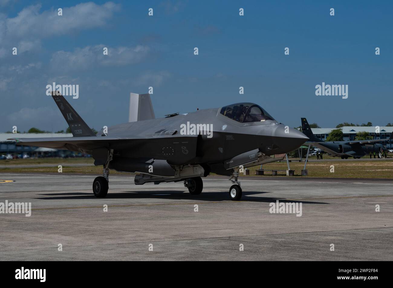 A U.S. Air Force F-35 Lightning II assigned to Eielson Air Force Base, Alaska, parks at Royal Brunei Air Force Base Rimba, Brunei, Brunei. Stock Photo