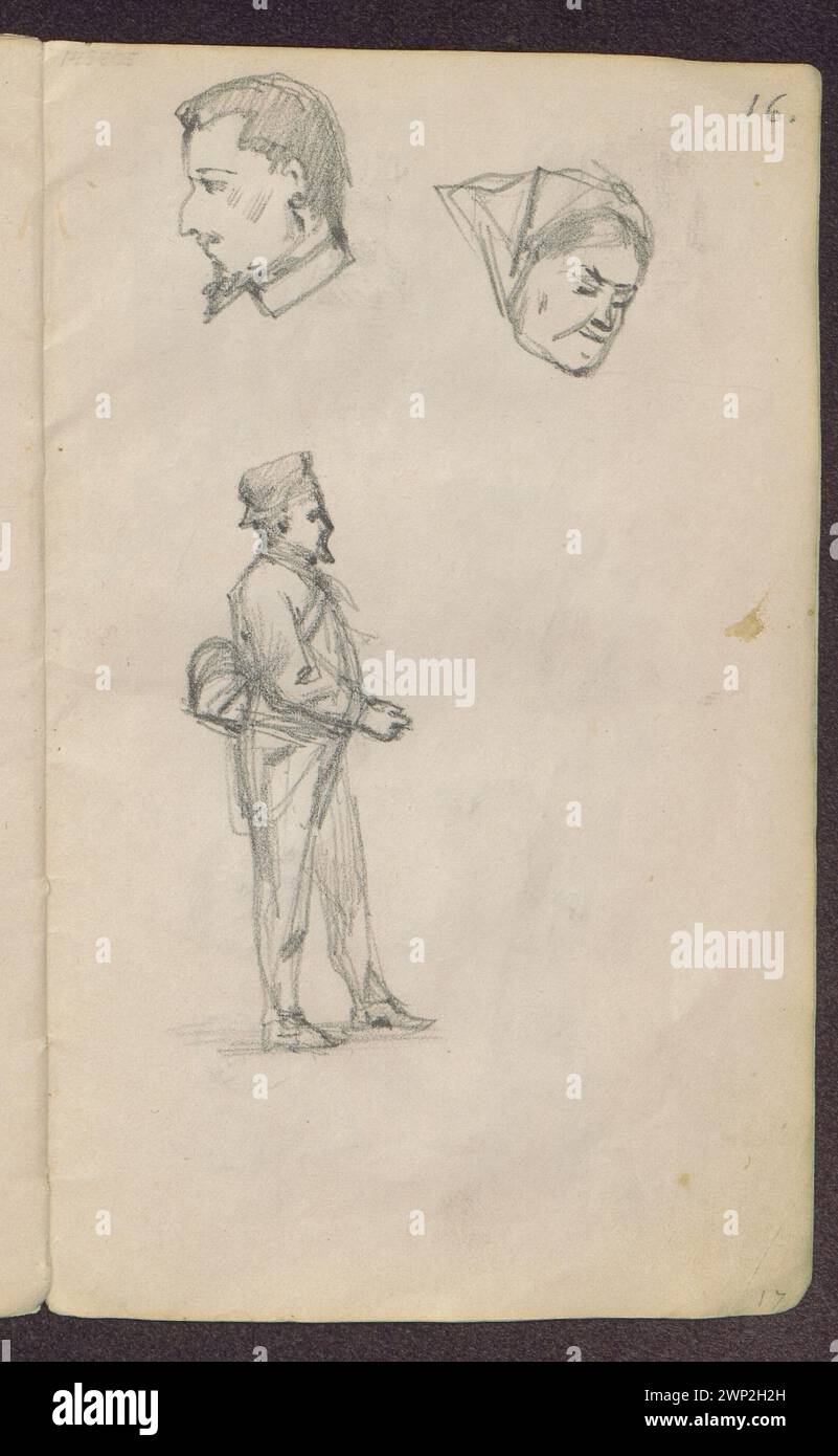 The main young man, the main woman and the man with the bags on the back; Verso: Roses from paintings, characters in various poses; Stanis Awski, Jan (1860-1907); 1885 (1885-00-00-1885-00-00); Stock Photo