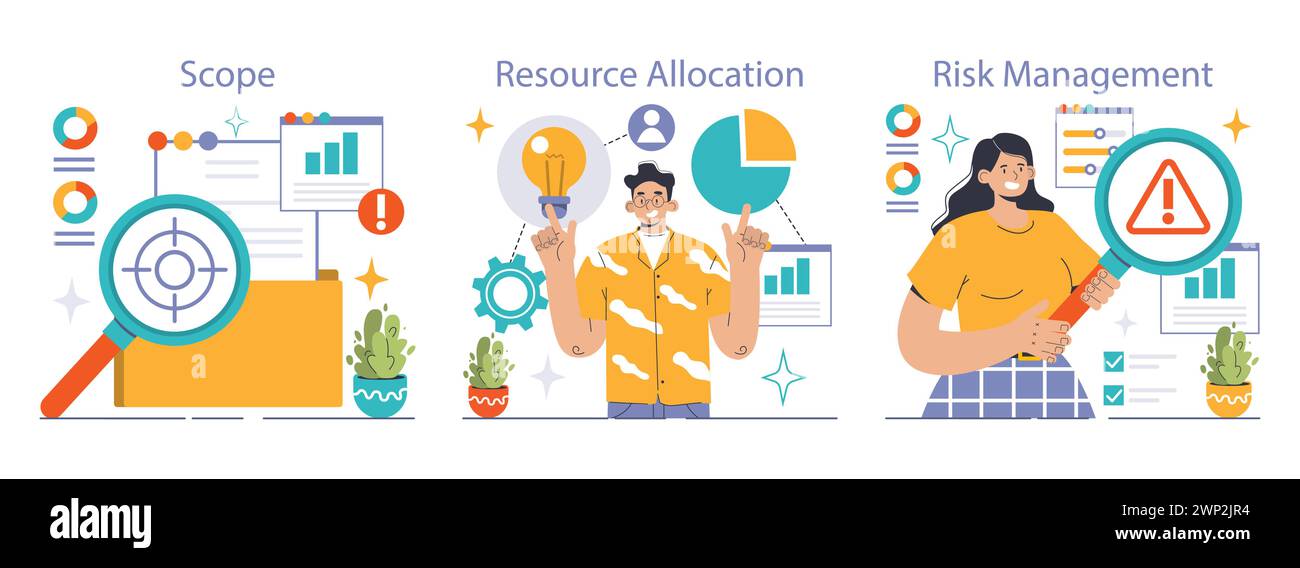 Project Management set. Identifying scope, optimizing resources, mitigating risks. Effective planning, strategy, team collaboration. Flat vector illustration Stock Vector